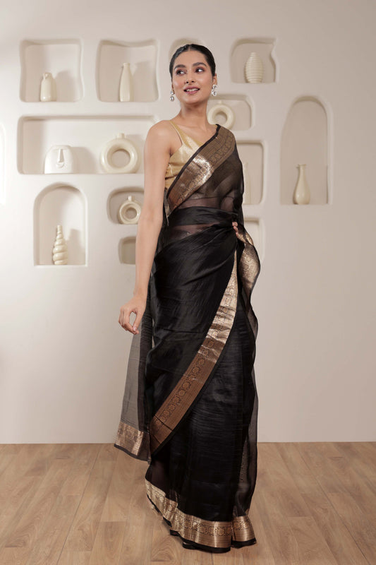 Black Kora Silk Handloom Banarasi Saree