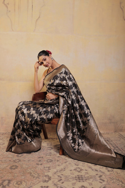 Black Katan Silk Handloom Banarasi Saree With Jaal