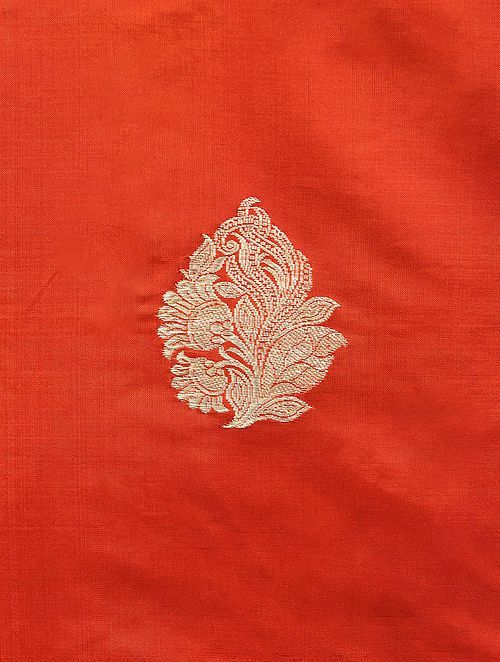 Orange Handloom Pure Katan Silk Banarasi Fabric
