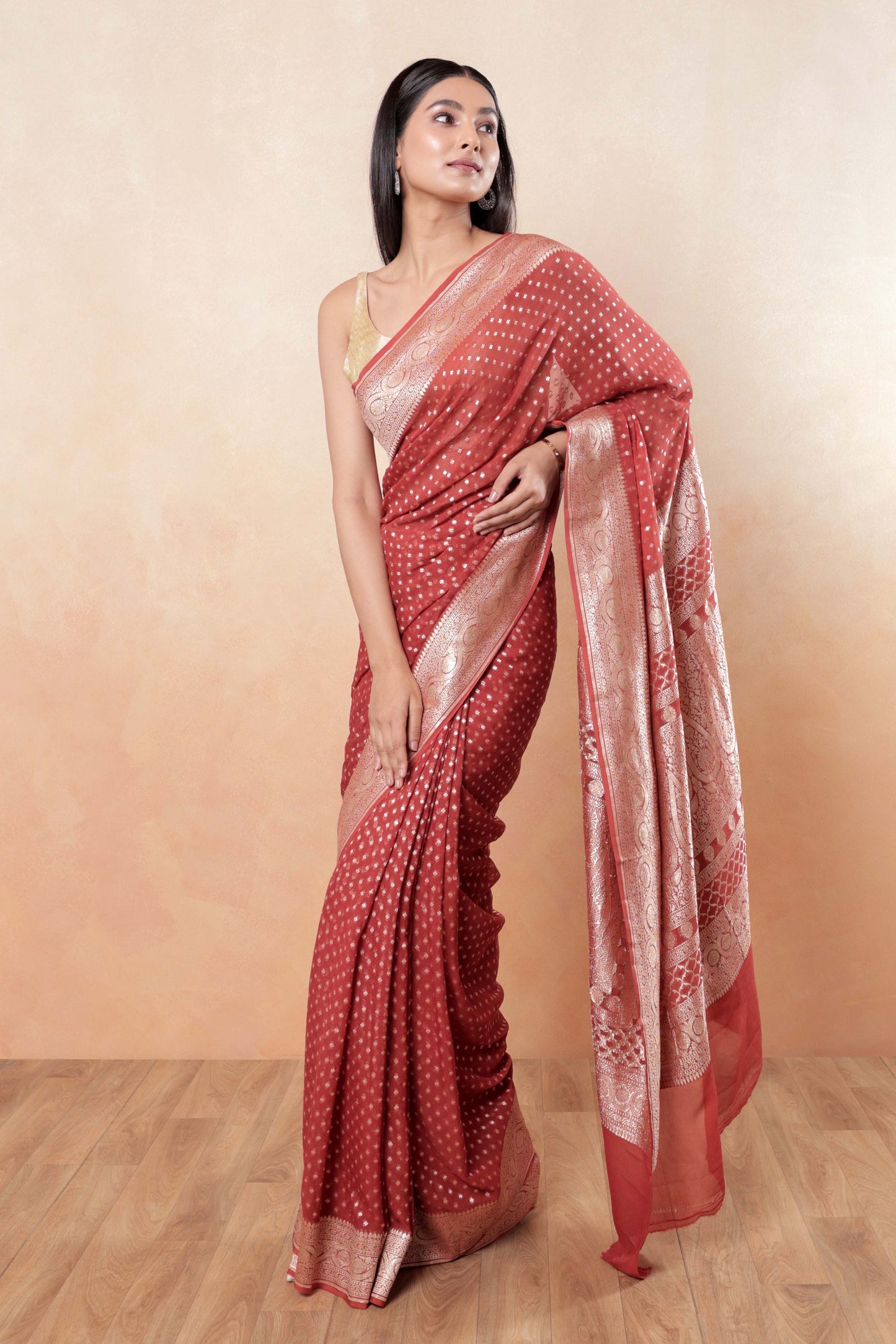 Madder Red Khaddi Georgette Handloom Banarasi Saree