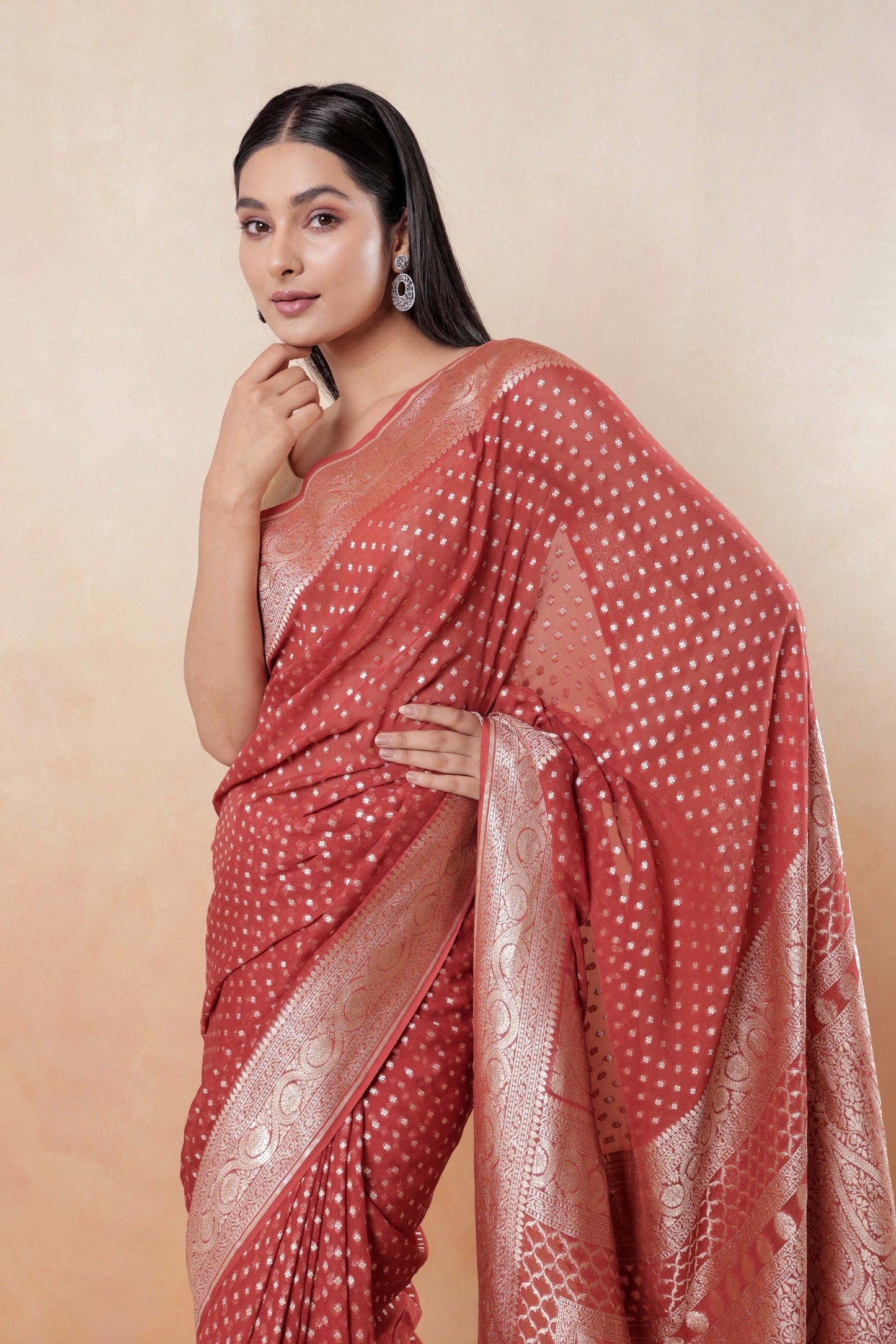 Madder Red Khaddi Georgette Handloom Banarasi Saree