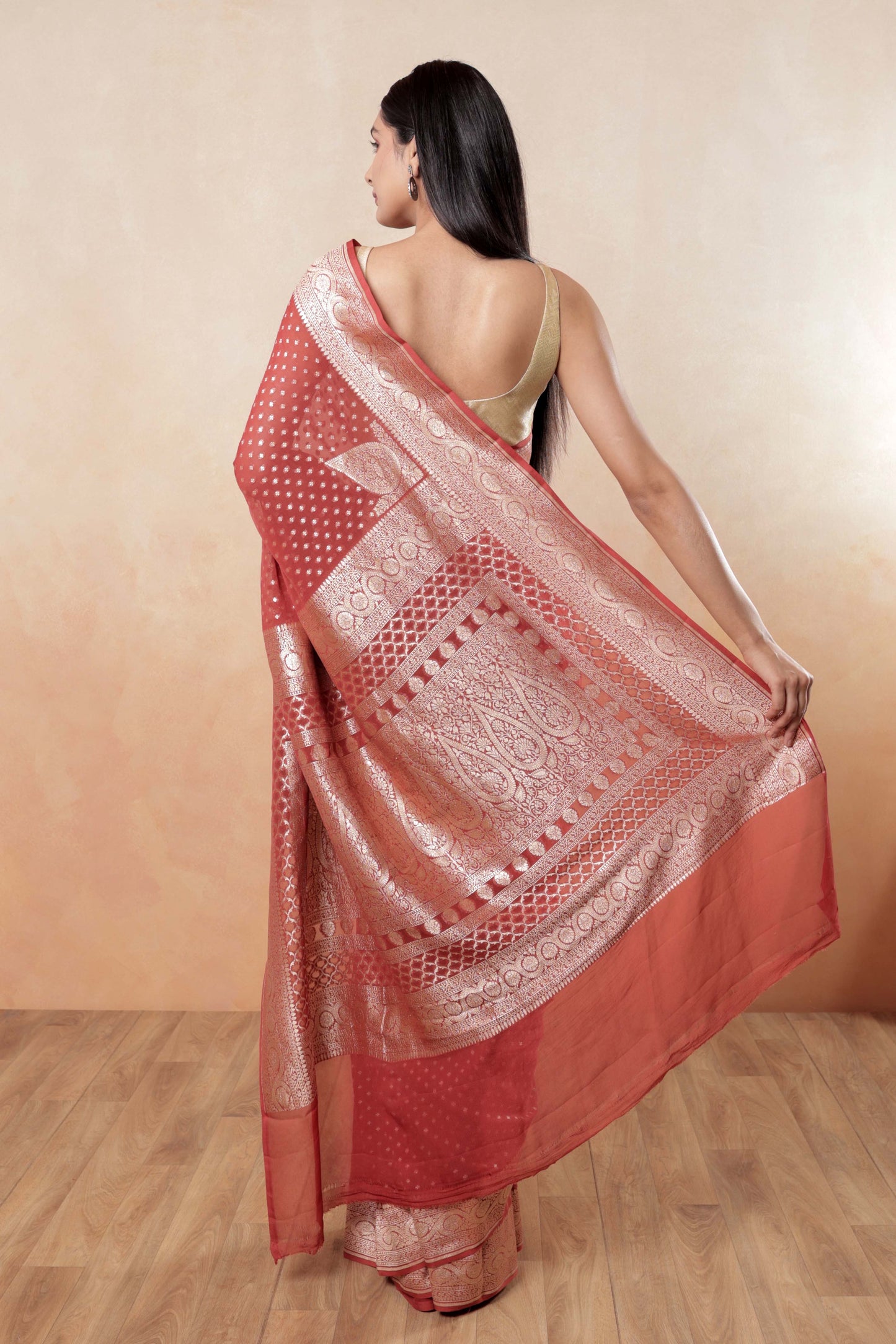 Madder Red Khaddi Georgette Handloom Banarasi Saree