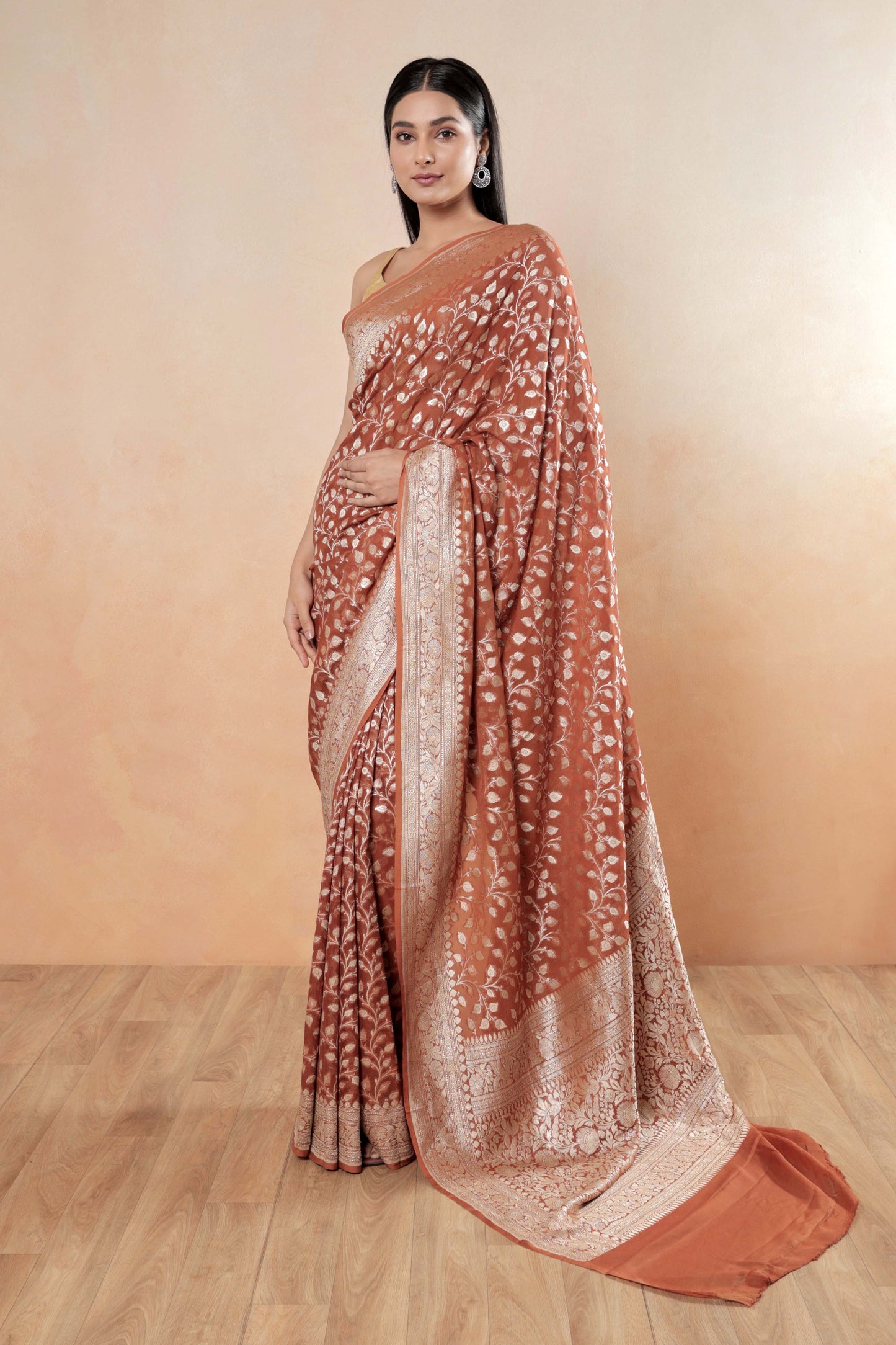 Rust Brown Khaddi Georgette Handloom Banarasi Saree