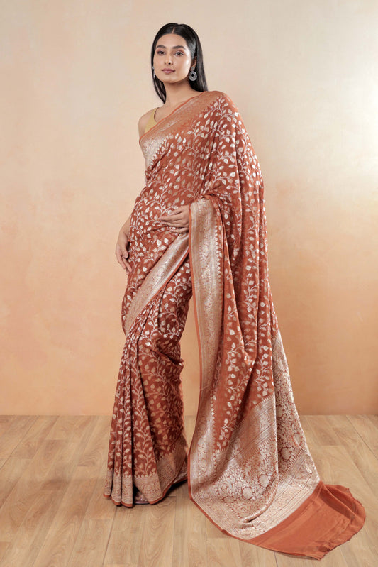 Rust Brown Khaddi Georgette Handloom Banarasi Saree