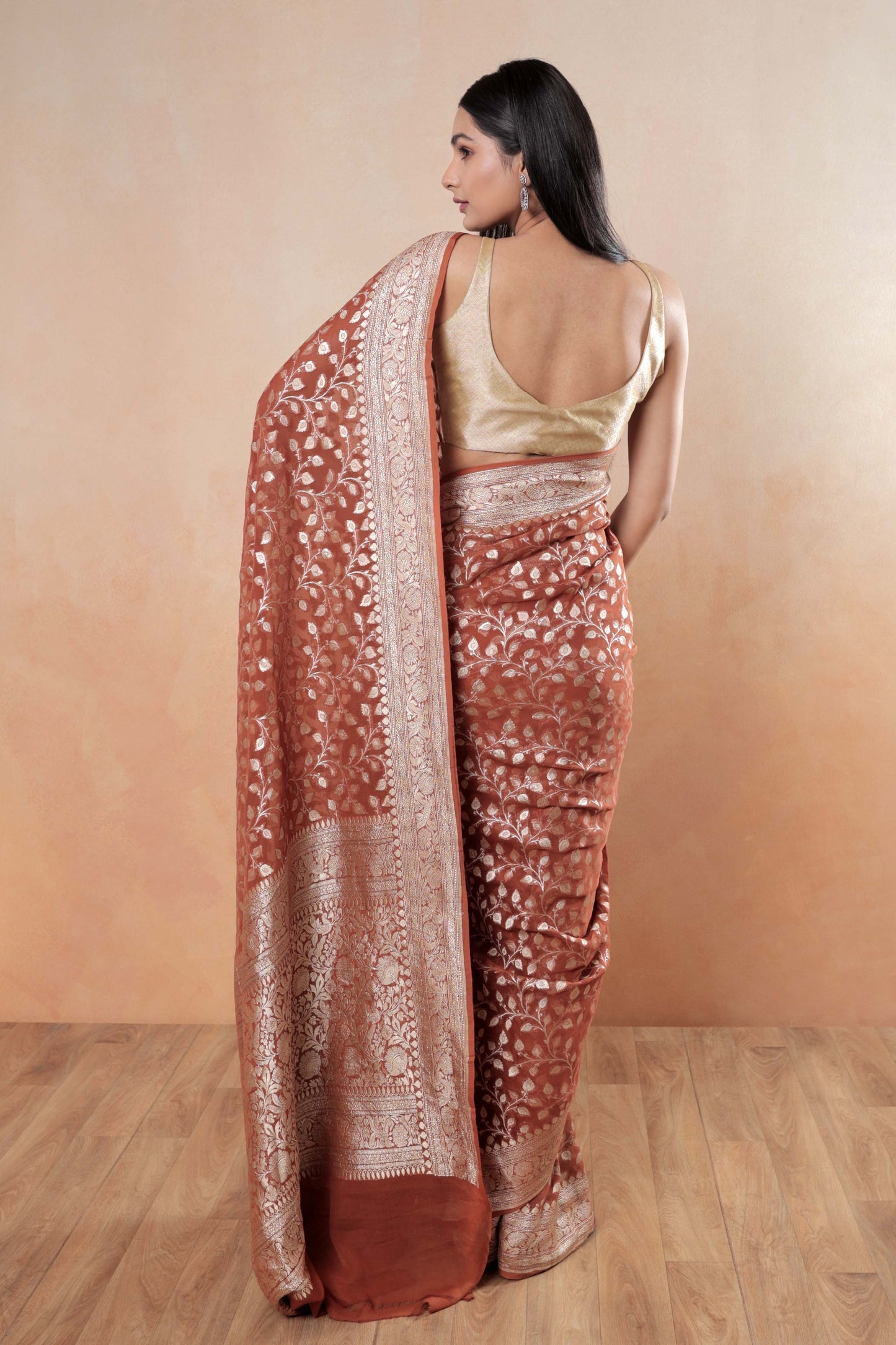 Rust Brown Khaddi Georgette Handloom Banarasi Saree