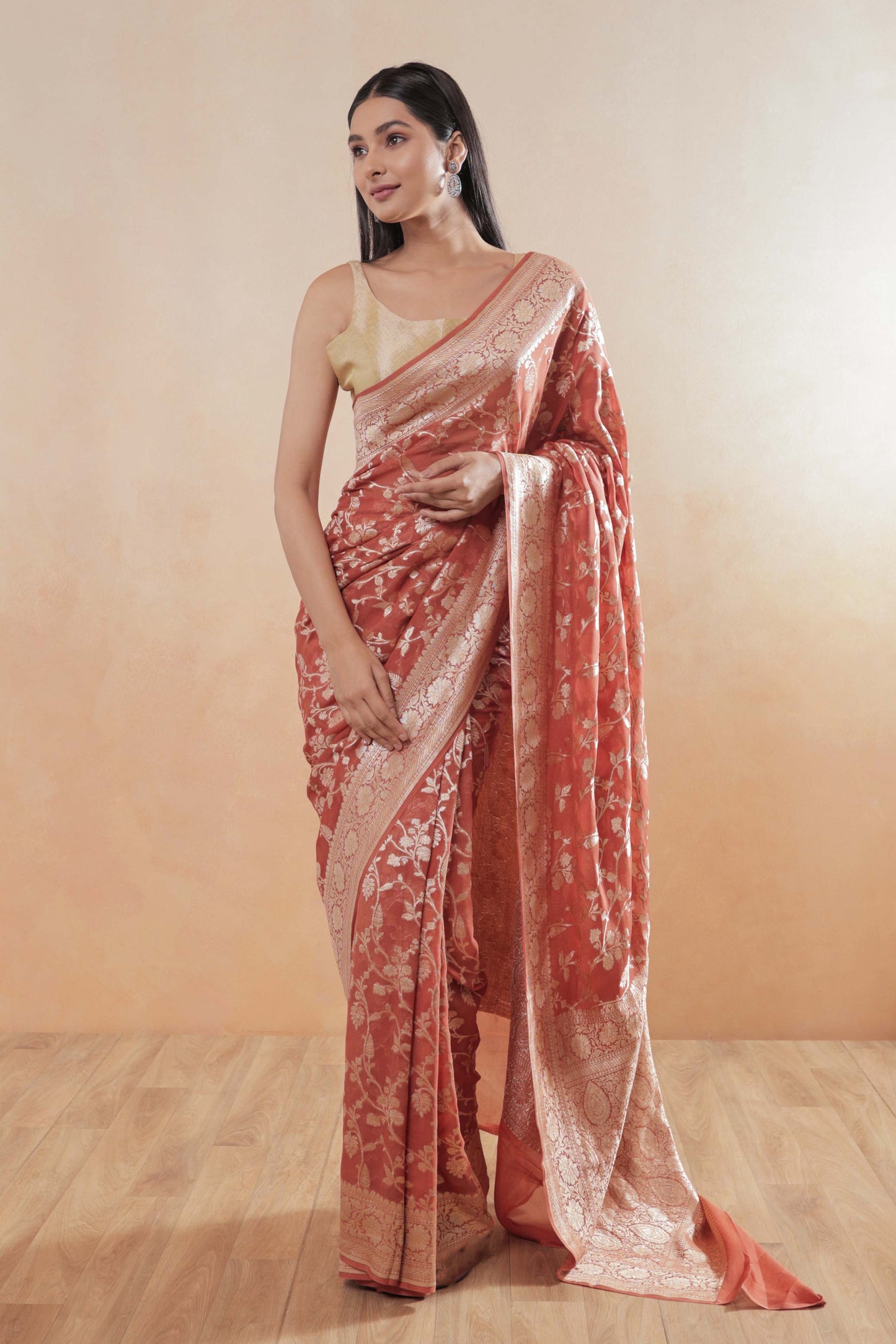 Terracotta Orange Jaal Khaddi Georgette Handloom Banarasi Saree