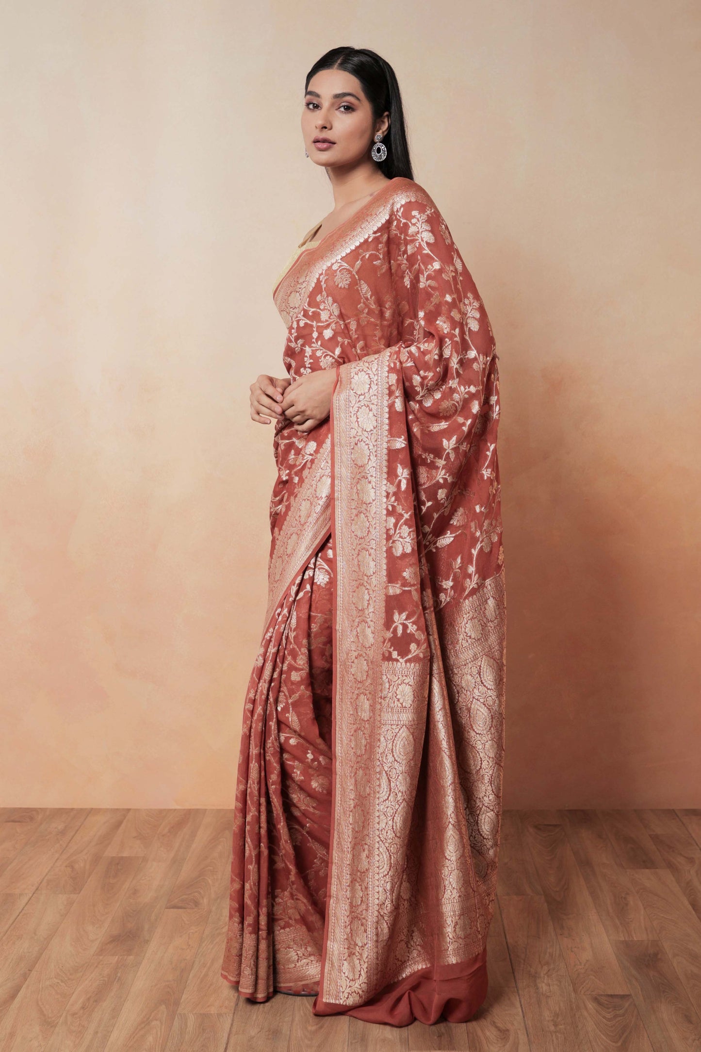 Terracotta Orange Jaal Khaddi Georgette Handloom Banarasi Saree