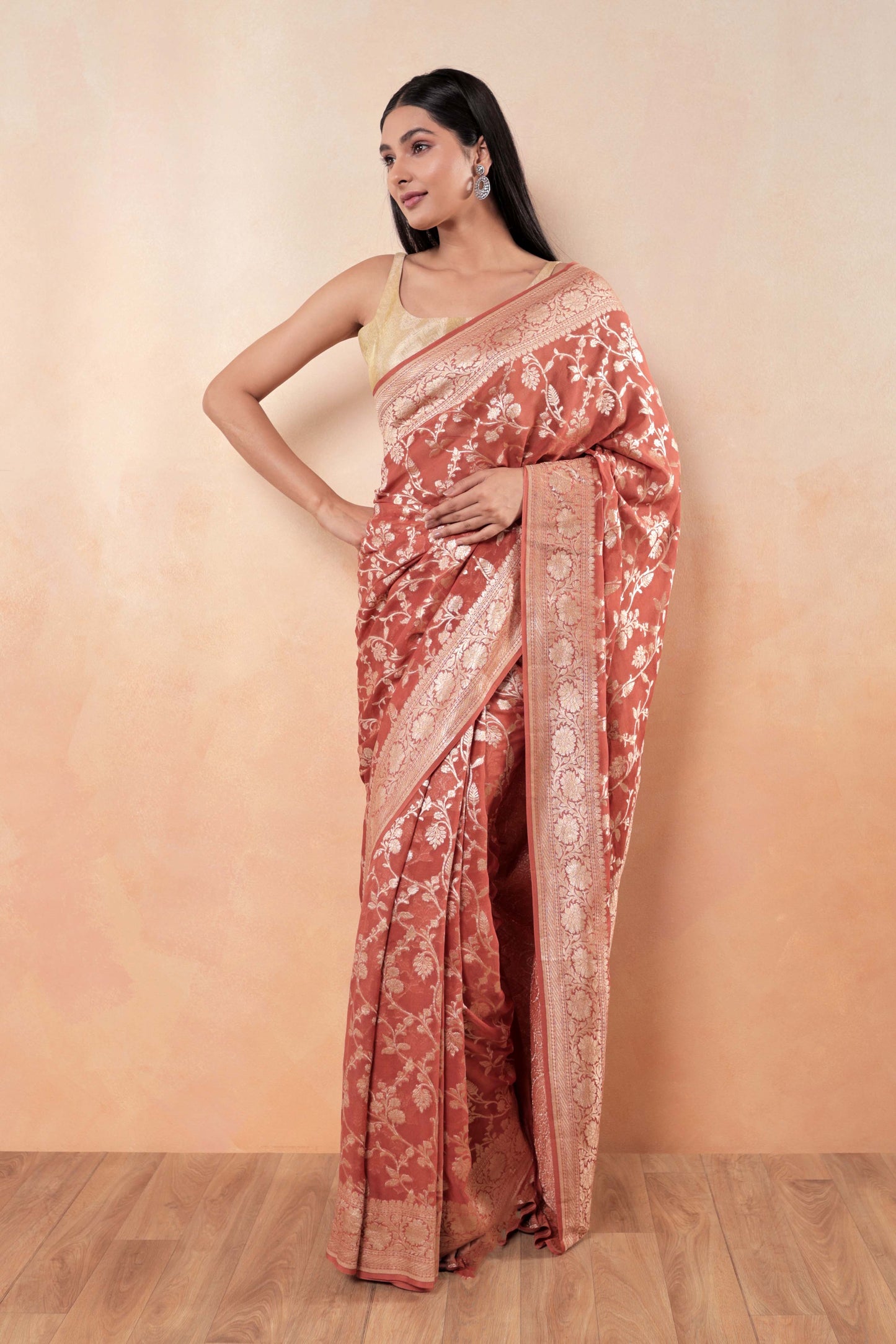 Terracotta Orange Jaal Khaddi Georgette Handloom Banarasi Saree
