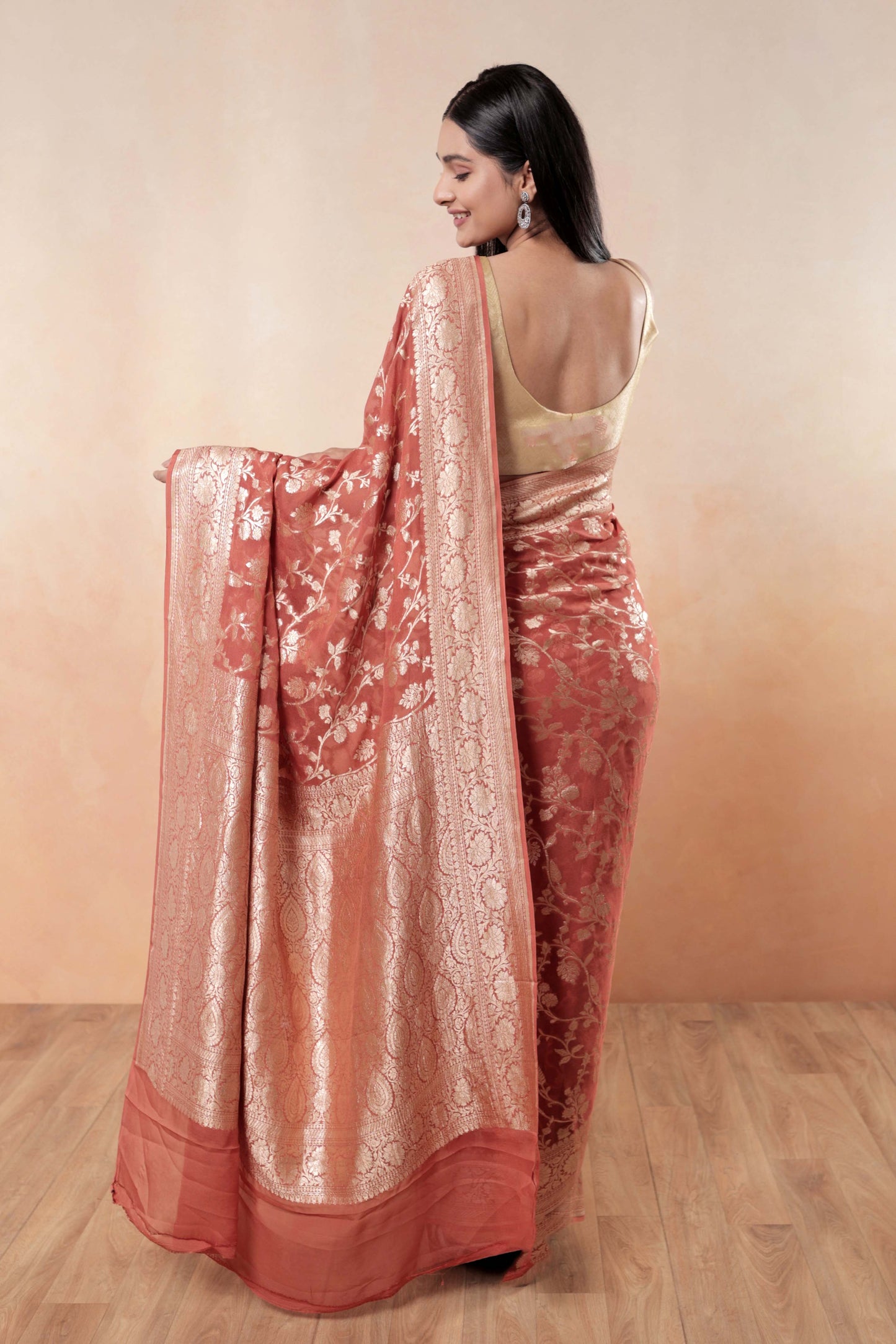 Terracotta Orange Jaal Khaddi Georgette Handloom Banarasi Saree