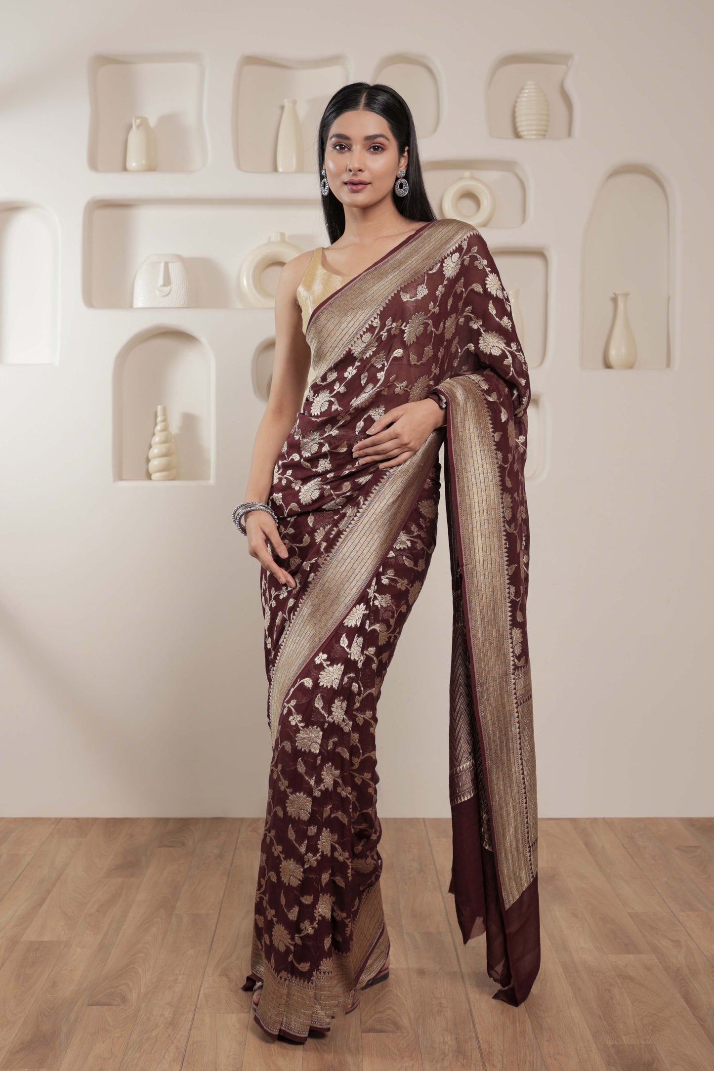 Maroon Jaal Khaddi Georgette Handloom Banarasi Saree