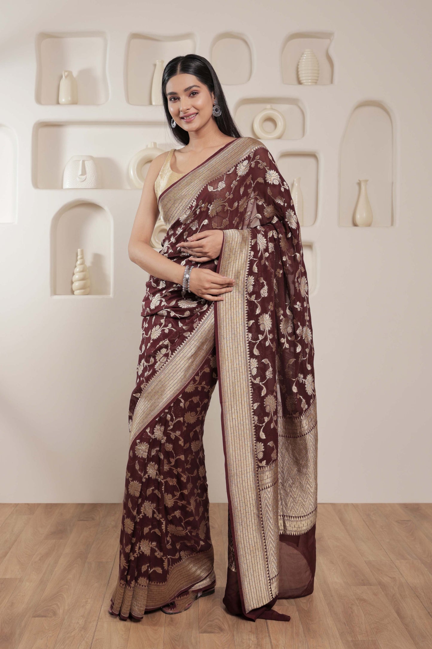 Maroon Jaal Khaddi Georgette Handloom Banarasi Saree