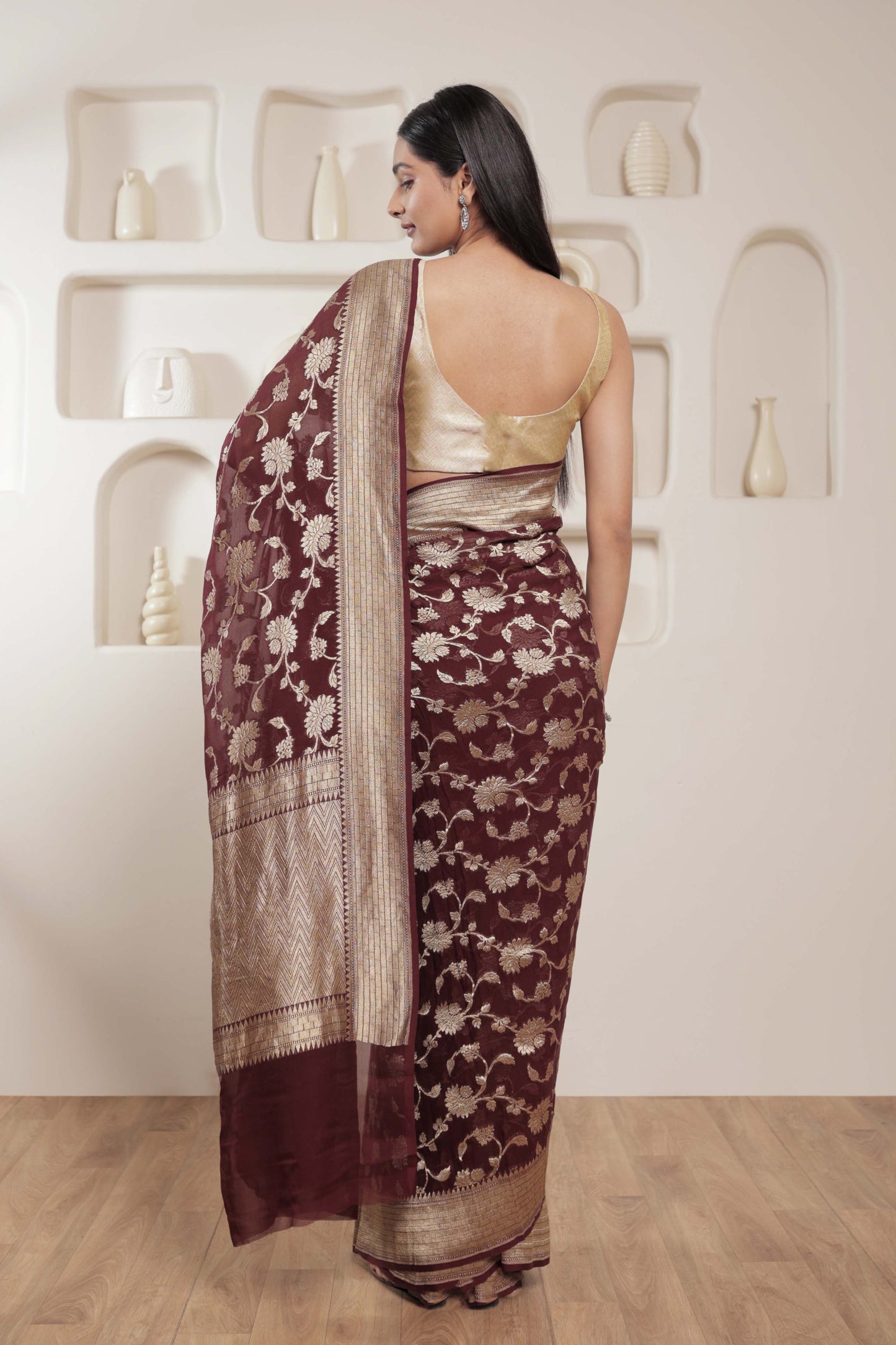 Maroon Jaal Khaddi Georgette Handloom Banarasi Saree