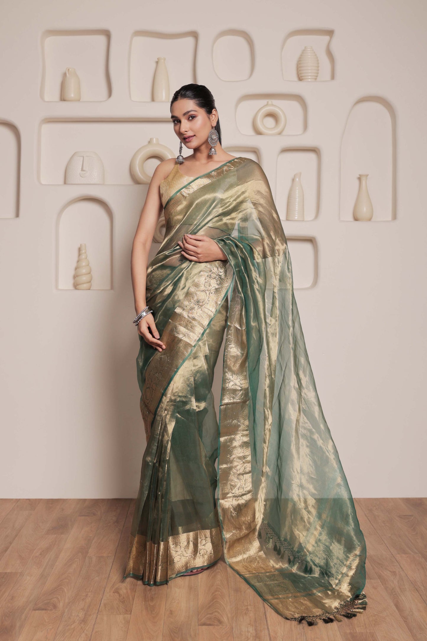Green and Gold Tissue Silk Handloom Banarasi Saree