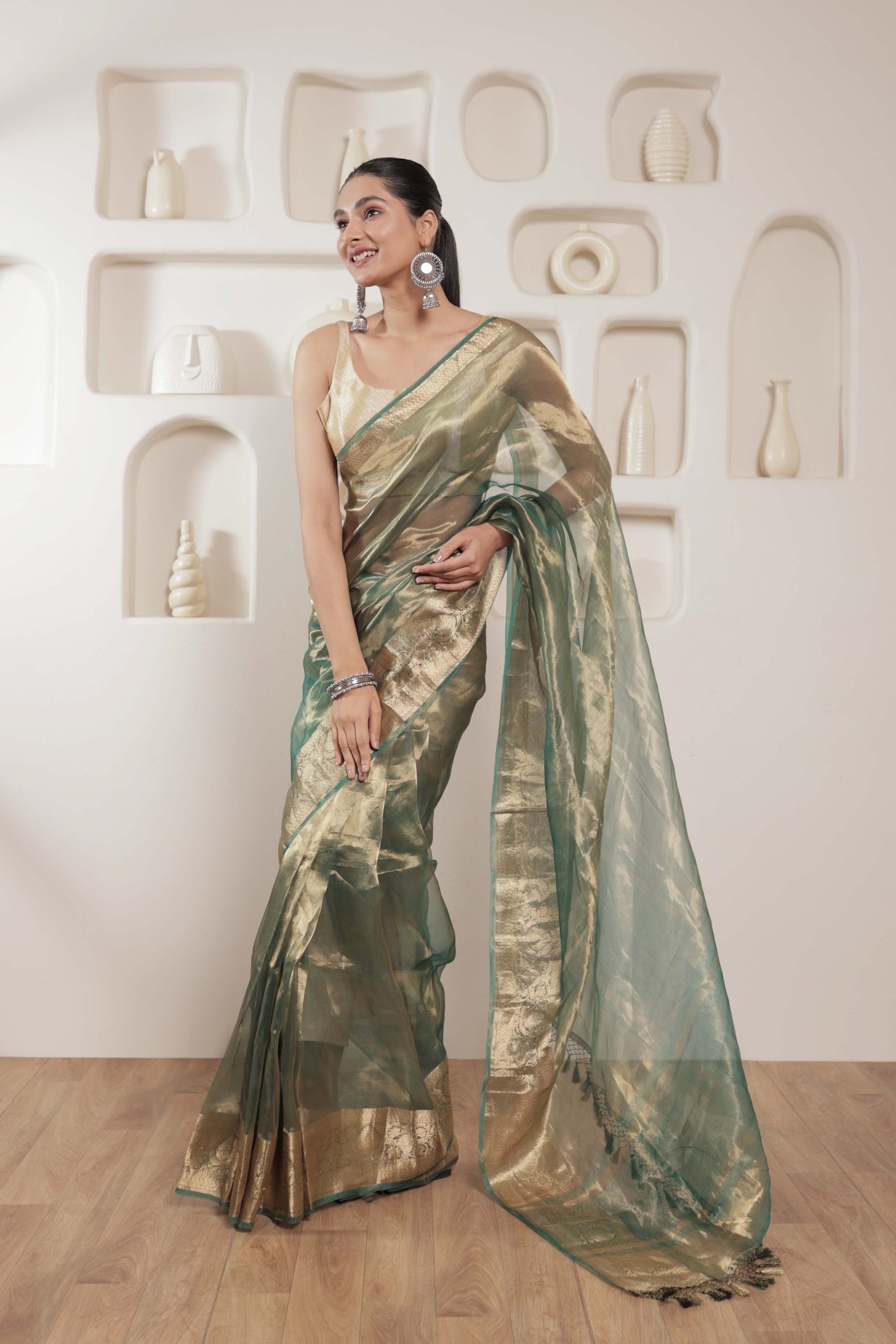 Green and Gold Tissue Silk Handloom Banarasi Saree