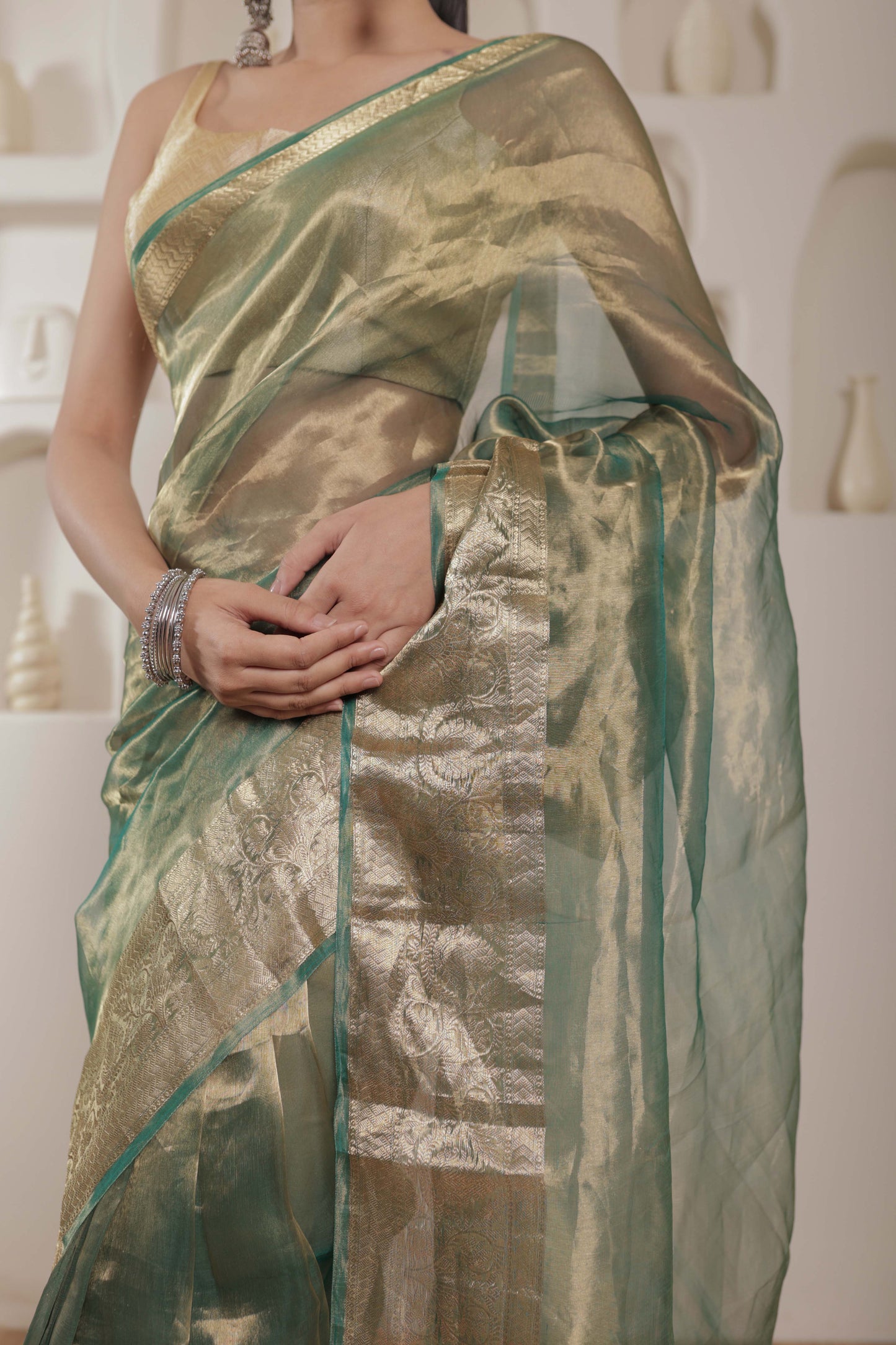 Green and Gold Tissue Silk Handloom Banarasi Saree