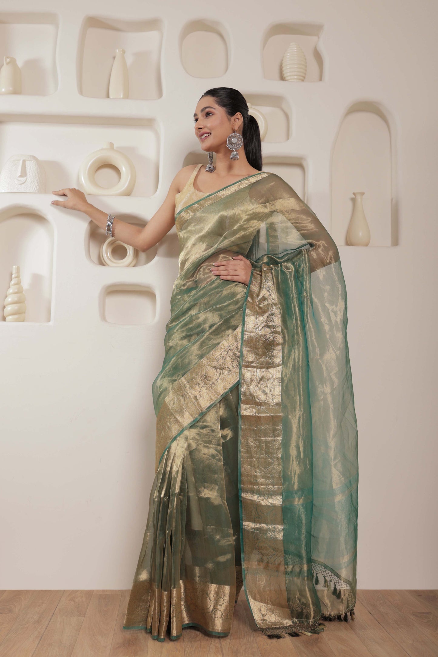 Green and Gold Tissue Silk Handloom Banarasi Saree