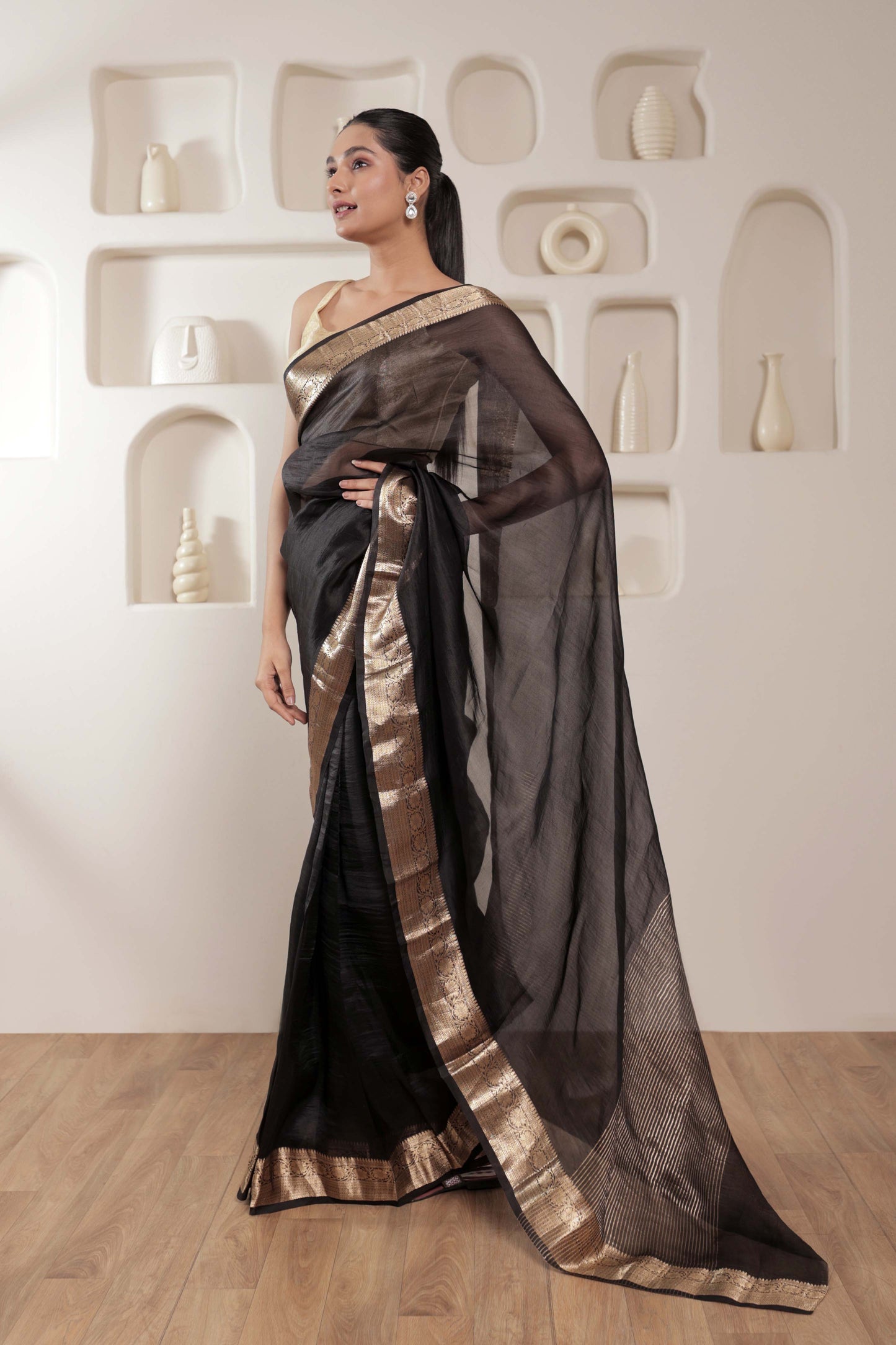 Black Kora Silk Handloom Banarasi Saree
