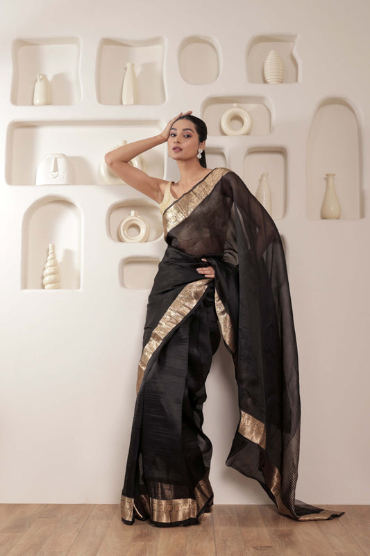 Black Kora Silk Handloom Banarasi Saree