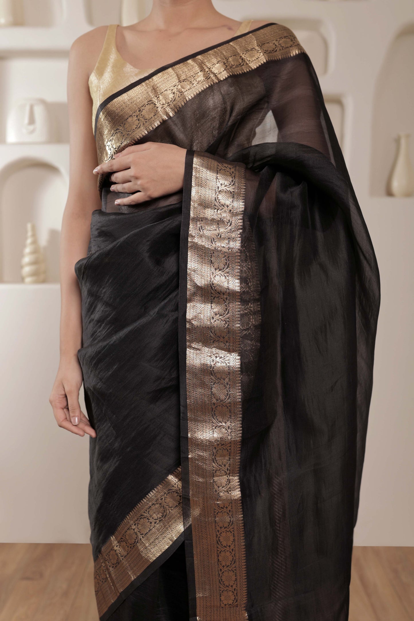 Black Kora Silk Handloom Banarasi Saree