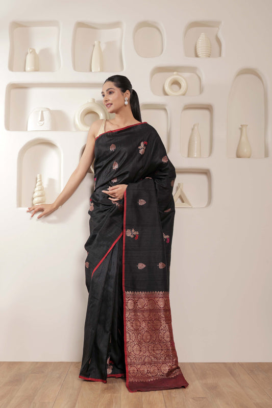 Black Tussar Silk Handloom Banarasi Saree With Meenakari