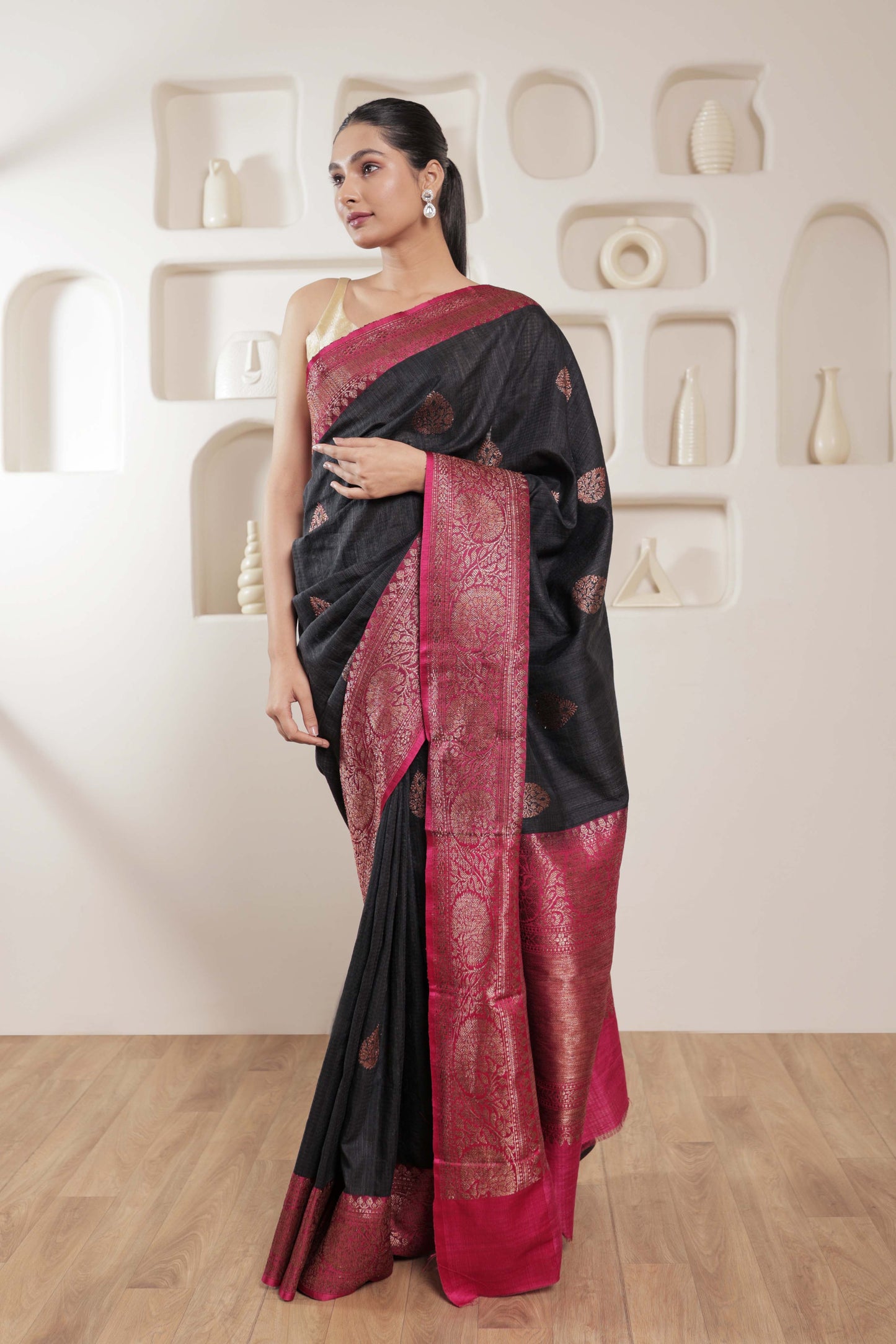 Black Dupion Silk Handloom Banarasi Saree