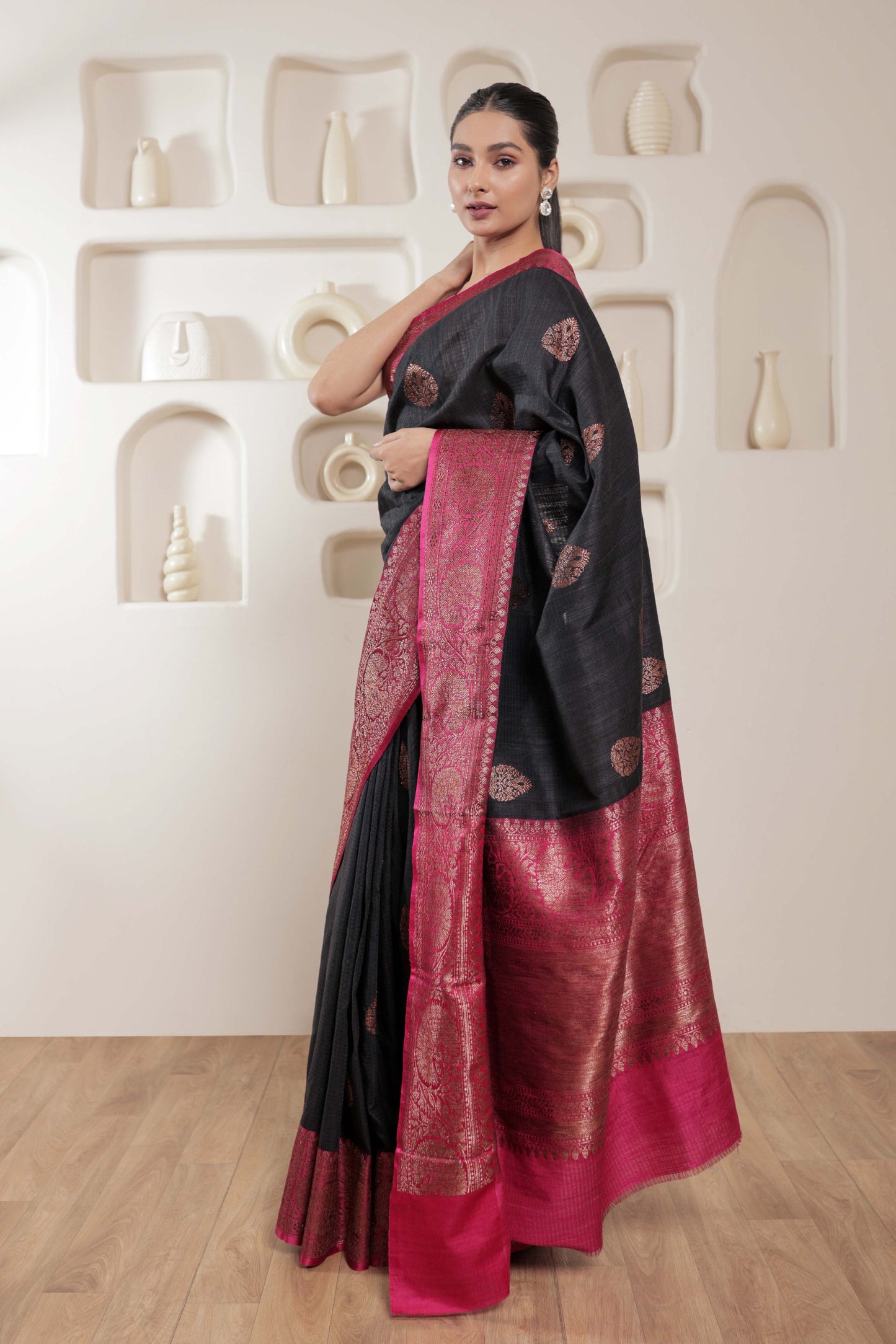 Black Dupion Silk Handloom Banarasi Saree