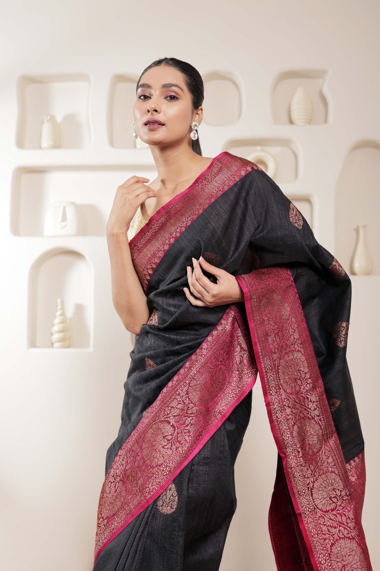 Black Dupion Silk Handloom Banarasi Saree