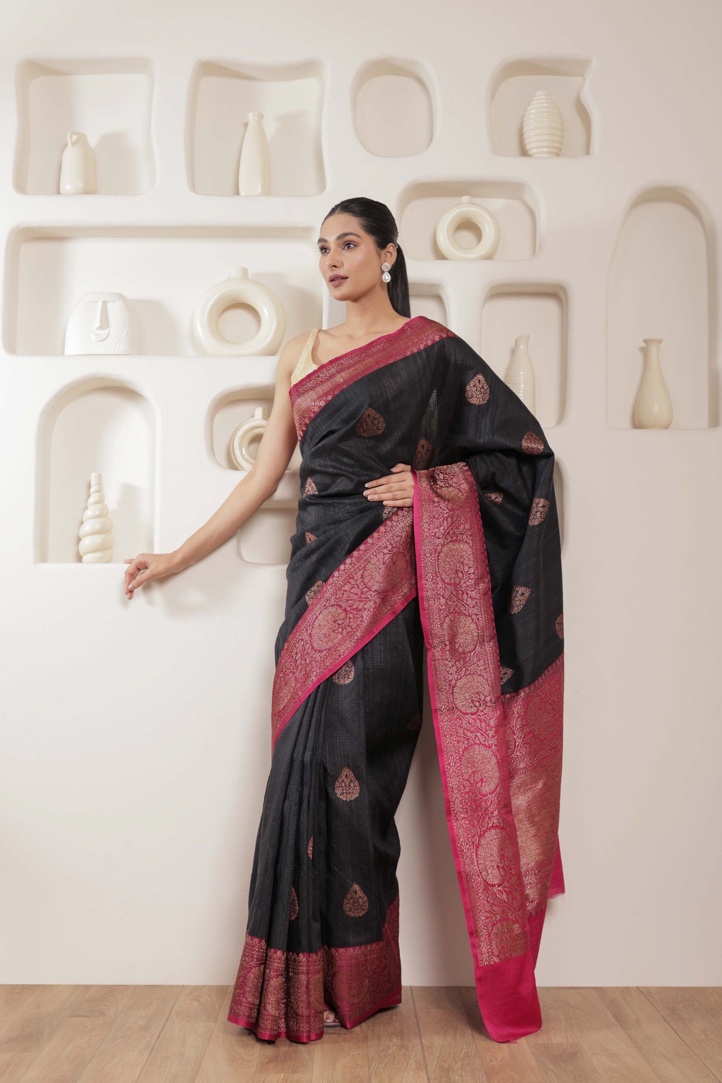 Black Dupion Silk Handloom Banarasi Saree