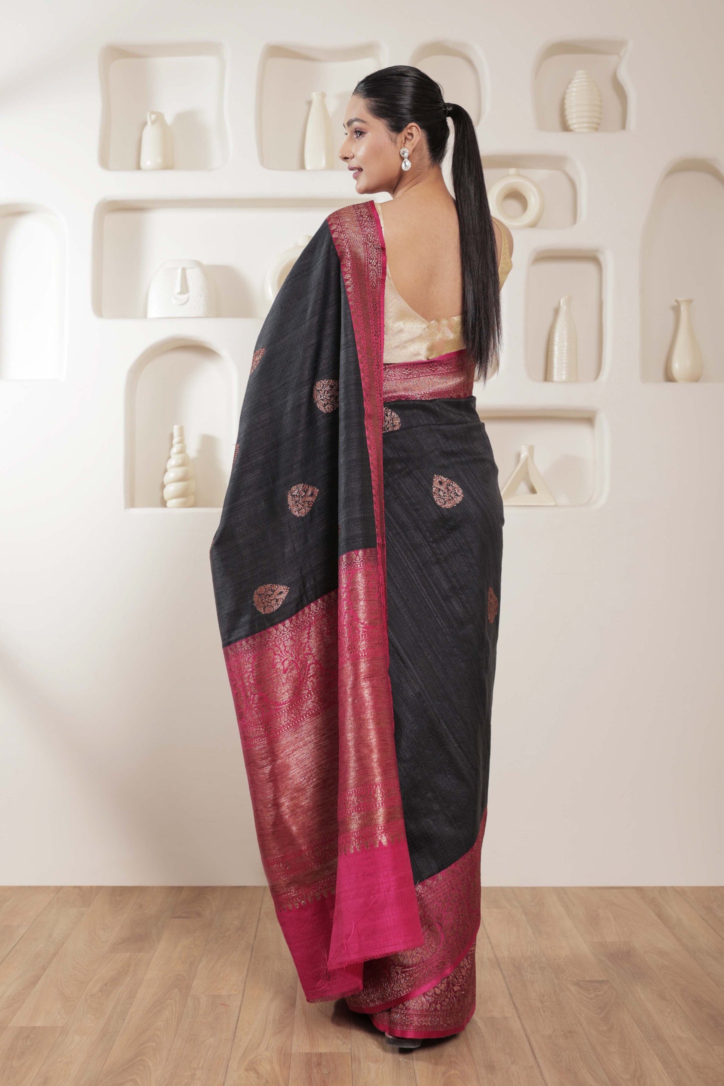 Black Dupion Silk Handloom Banarasi Saree