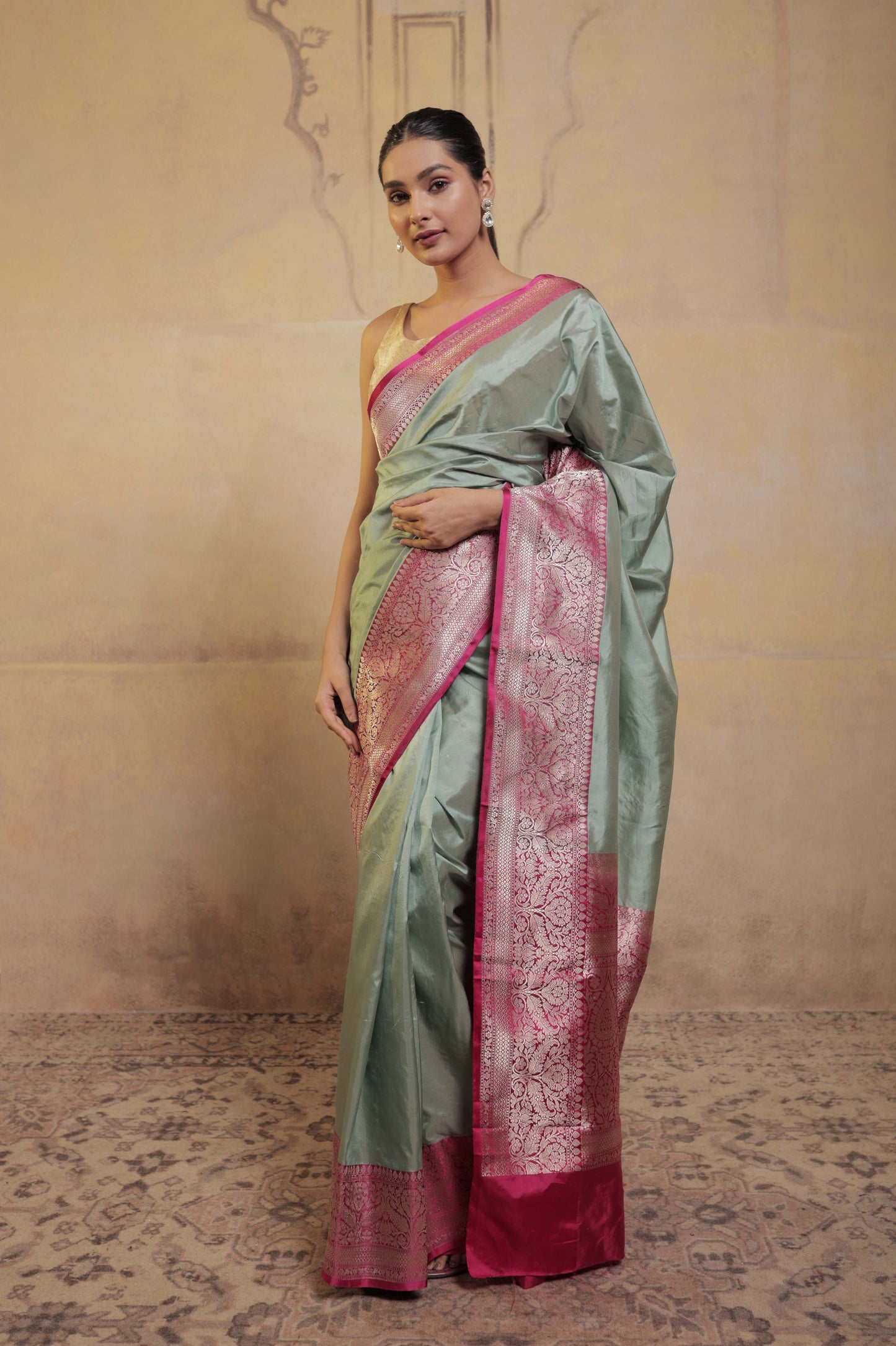 Light Green Katan Silk Handloom Banarasi Saree with Pink Border
