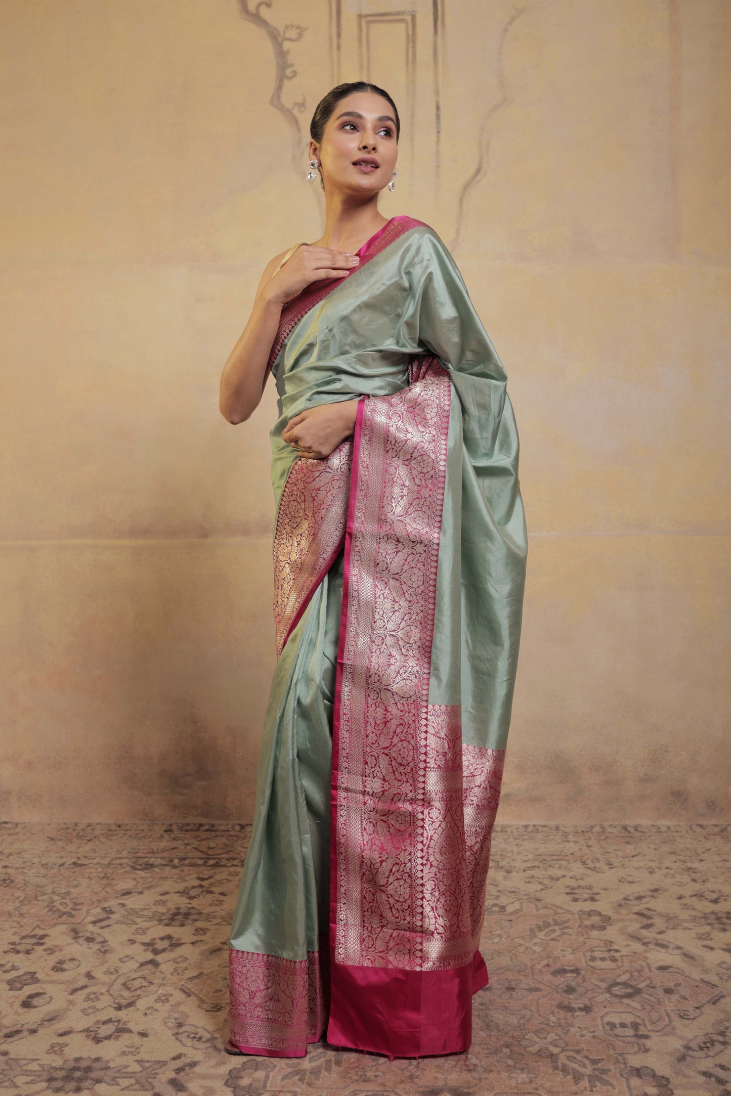 Light Green Katan Silk Handloom Banarasi Saree with Pink Border