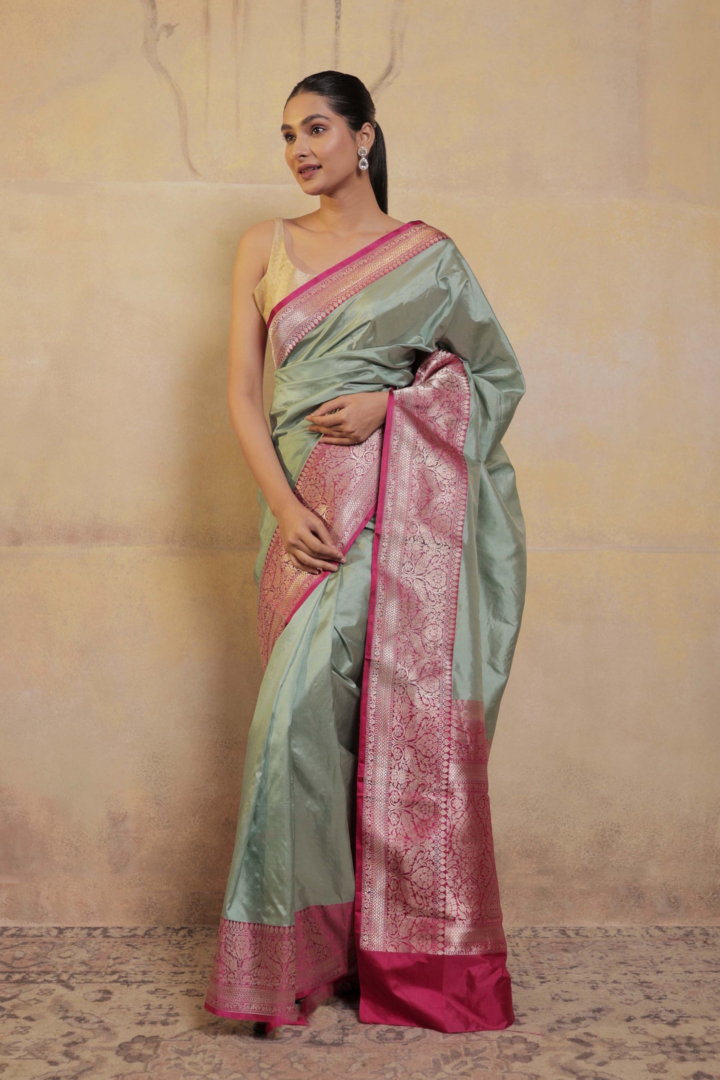 Light Green Katan Silk Handloom Banarasi Saree with Pink Border