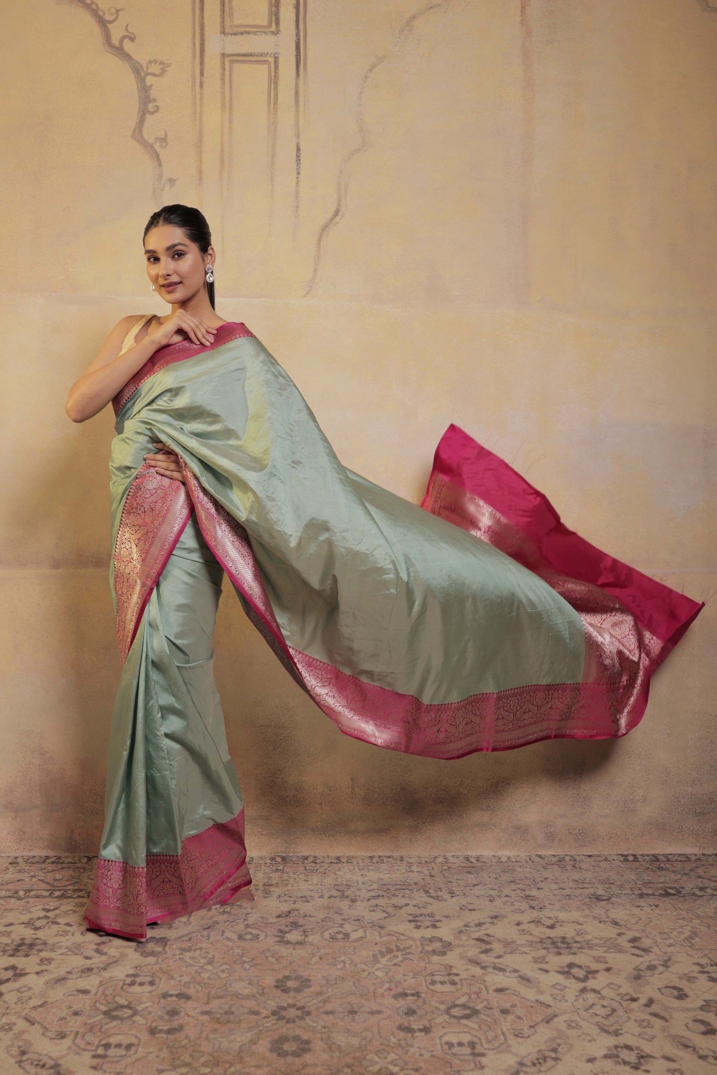 Light Green Katan Silk Handloom Banarasi Saree with Pink Border