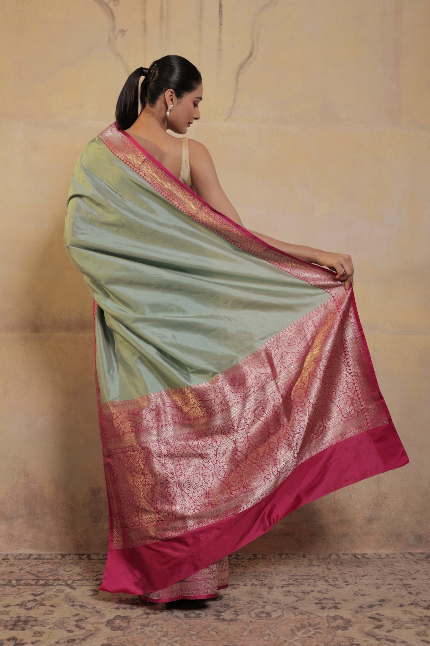 Light Green Katan Silk Handloom Banarasi Saree with Pink Border