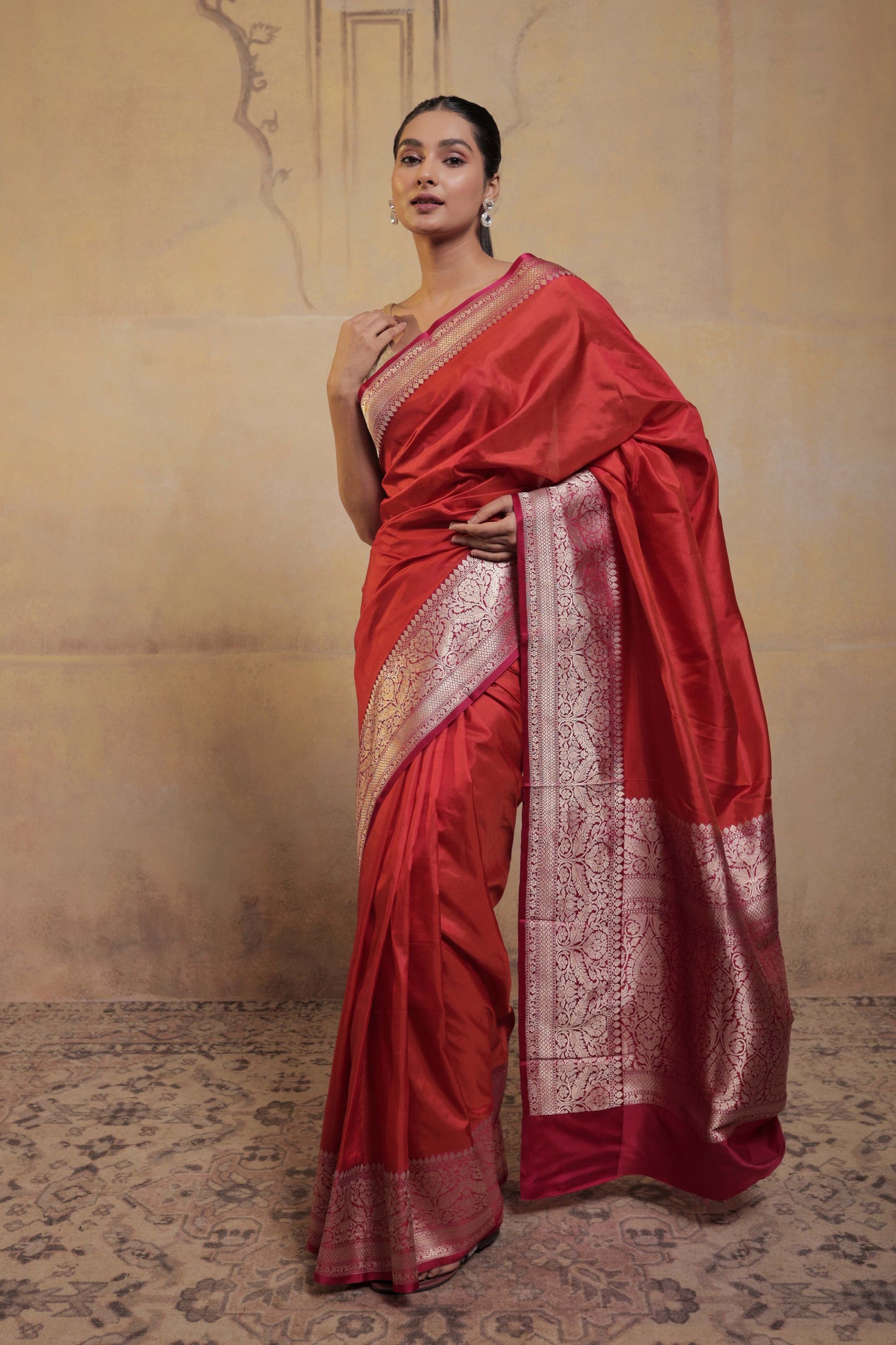 Orange Katan Silk Handloom Banarasi Saree with Pink Border