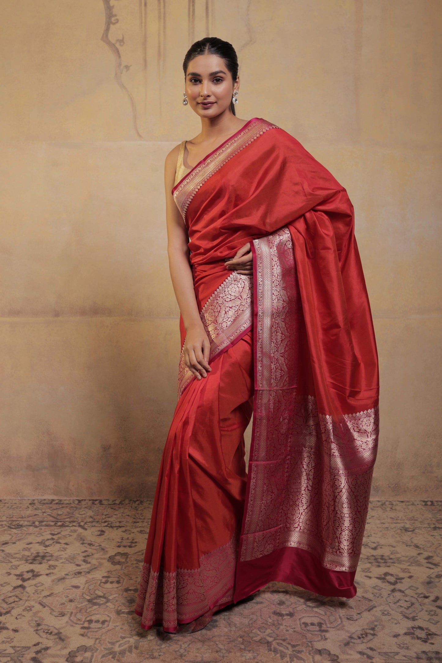 Orange Katan Silk Handloom Banarasi Saree with Pink Border