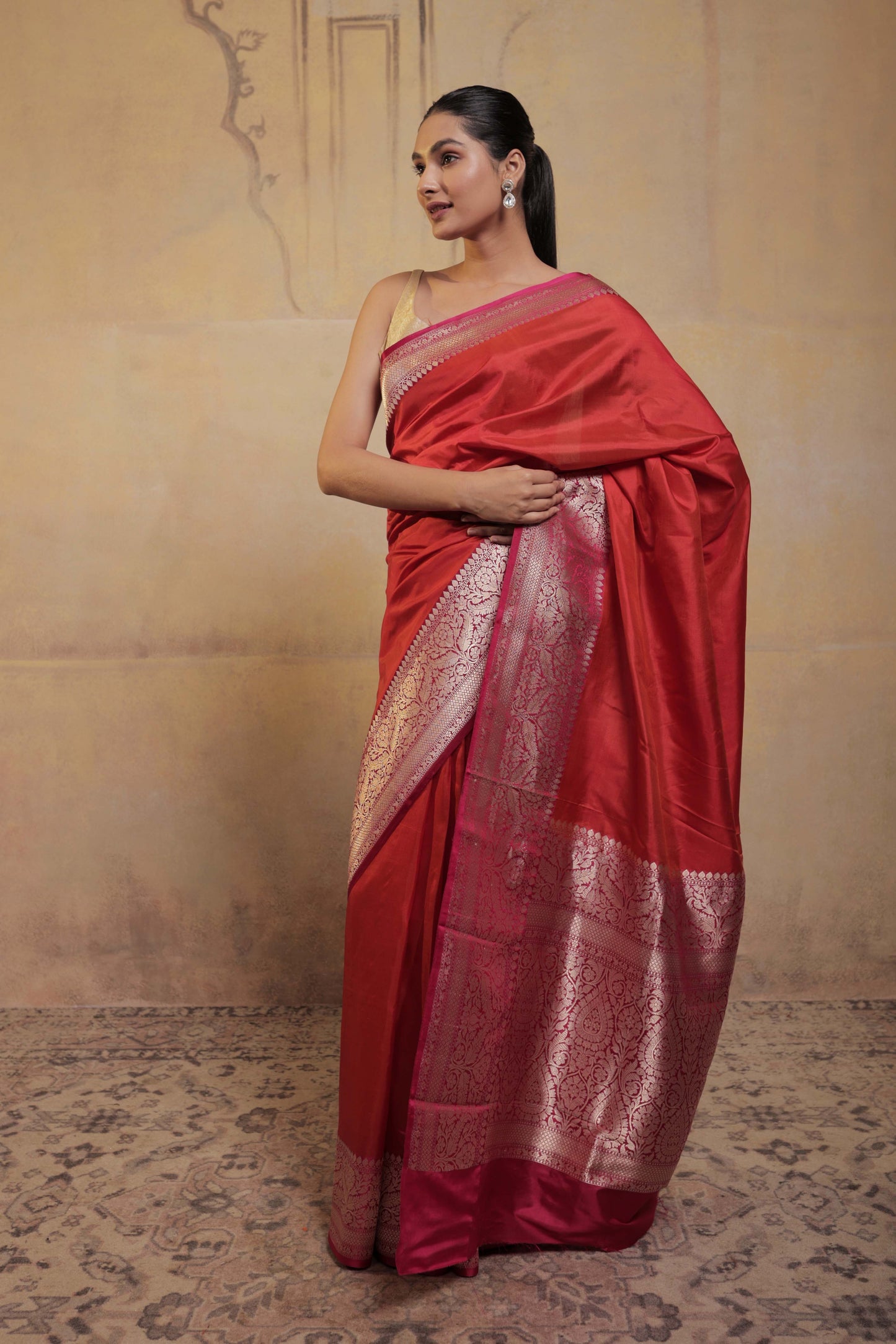 Orange Katan Silk Handloom Banarasi Saree with Pink Border