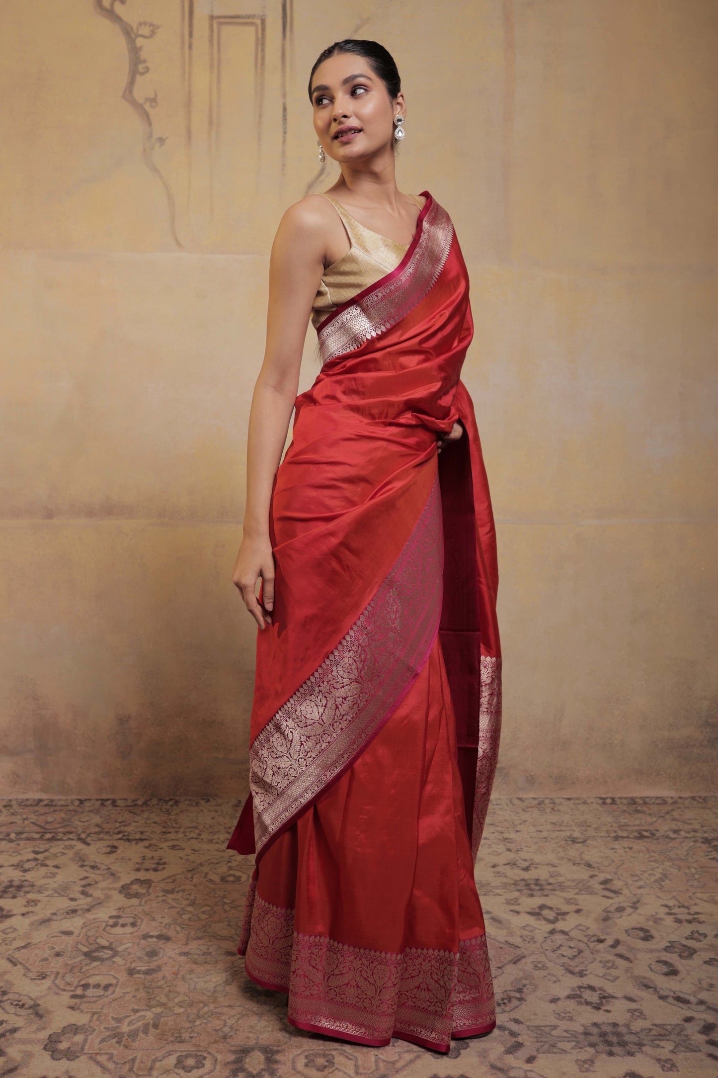 Orange Katan Silk Handloom Banarasi Saree with Pink Border