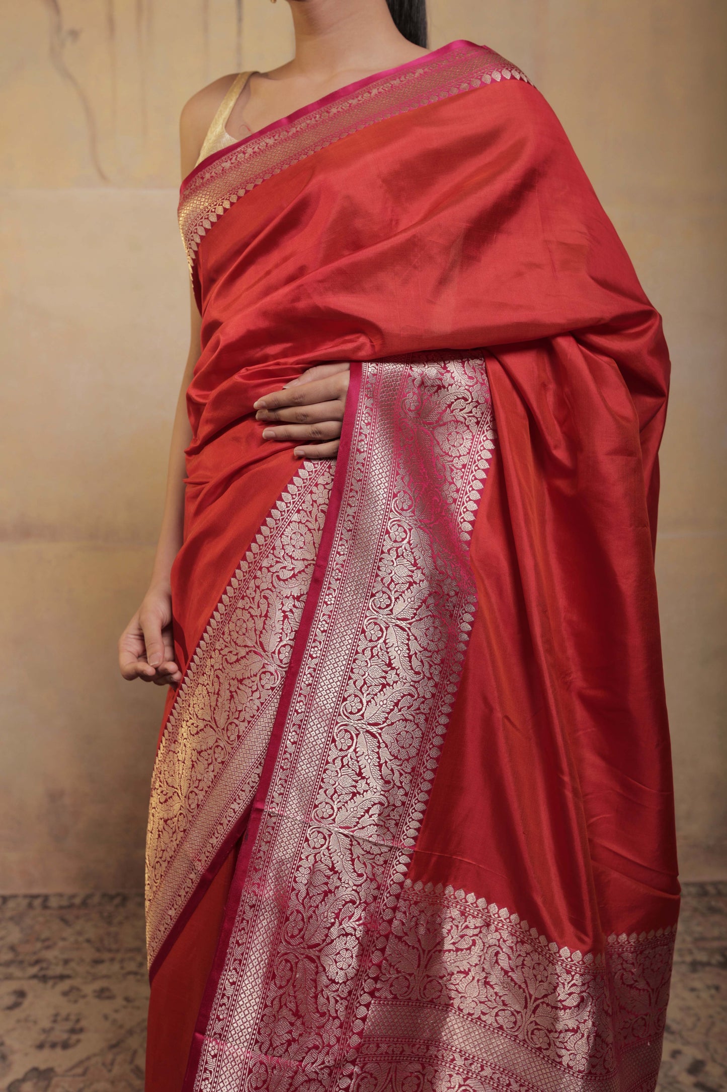 Orange Katan Silk Handloom Banarasi Saree with Pink Border