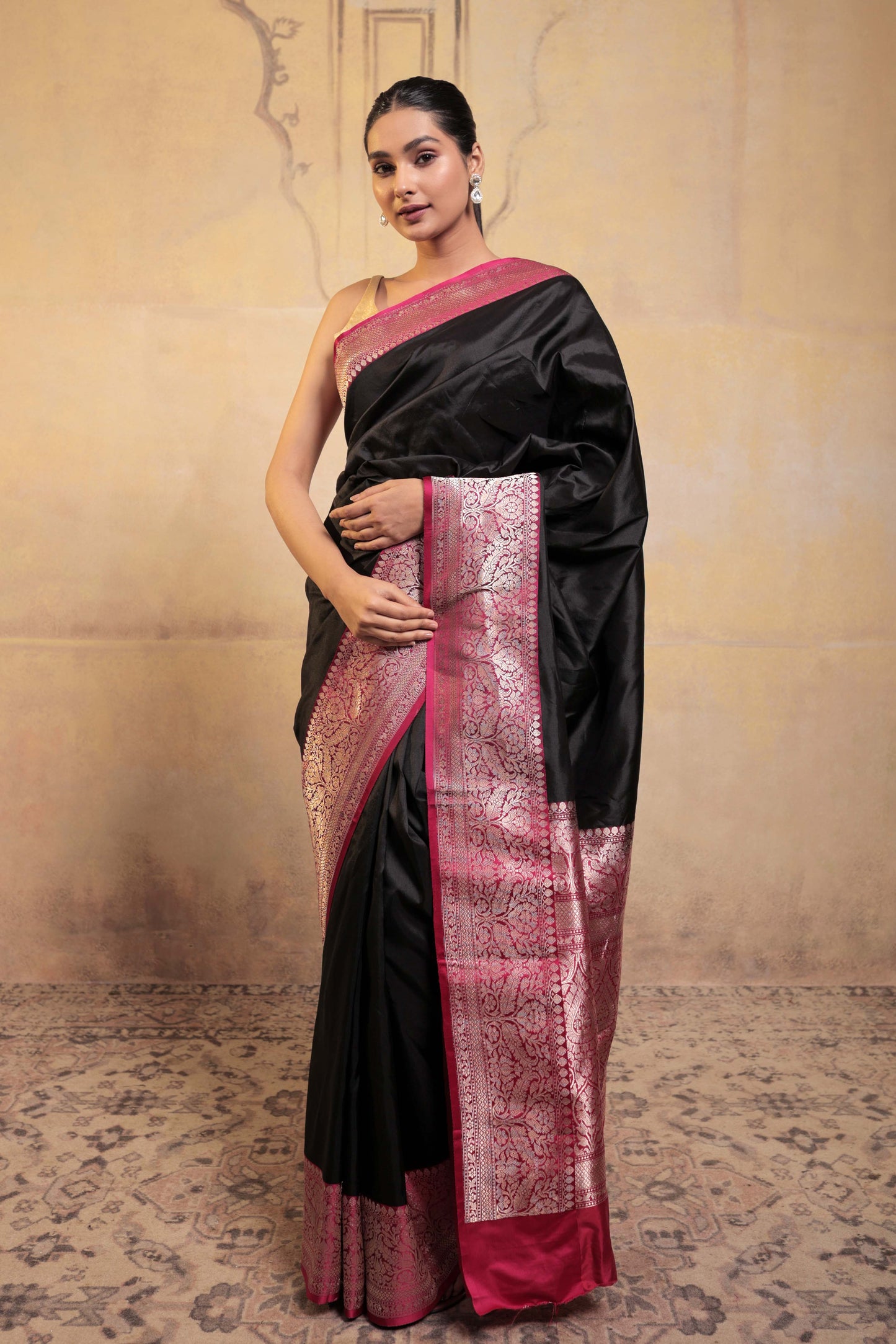 Black Pure Katan Silk Handloom Banarasi Saree with Pink Border