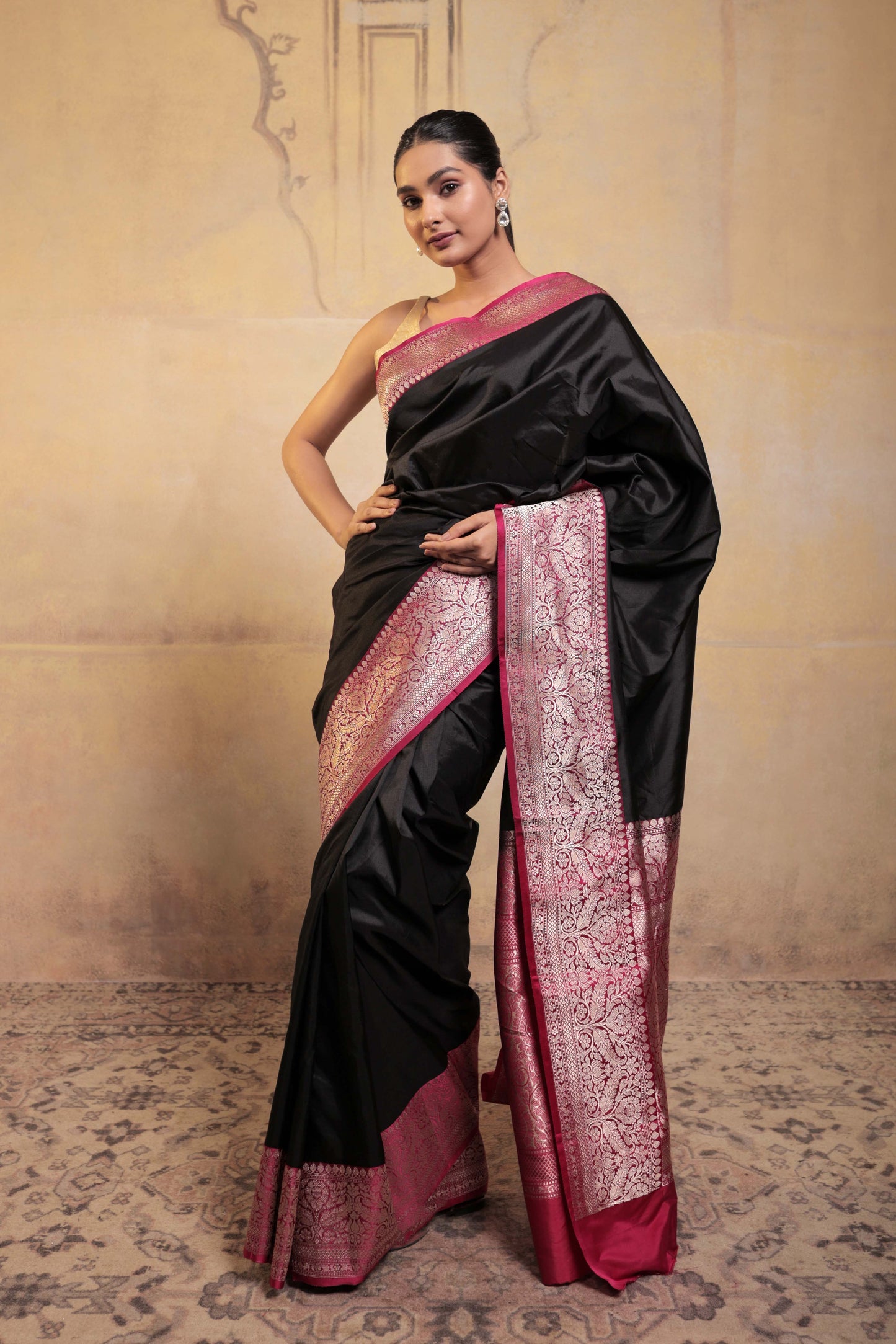Black Pure Katan Silk Handloom Banarasi Saree with Pink Border