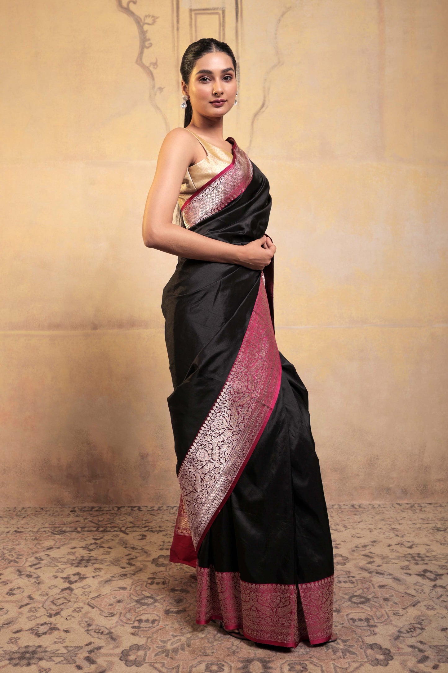 Black Pure Katan Silk Handloom Banarasi Saree with Pink Border
