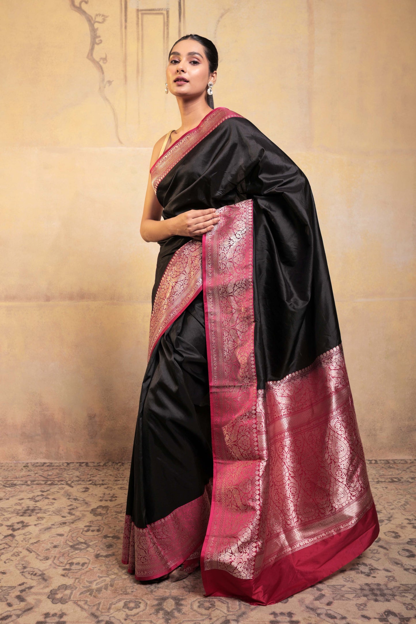 Black Pure Katan Silk Handloom Banarasi Saree with Pink Border