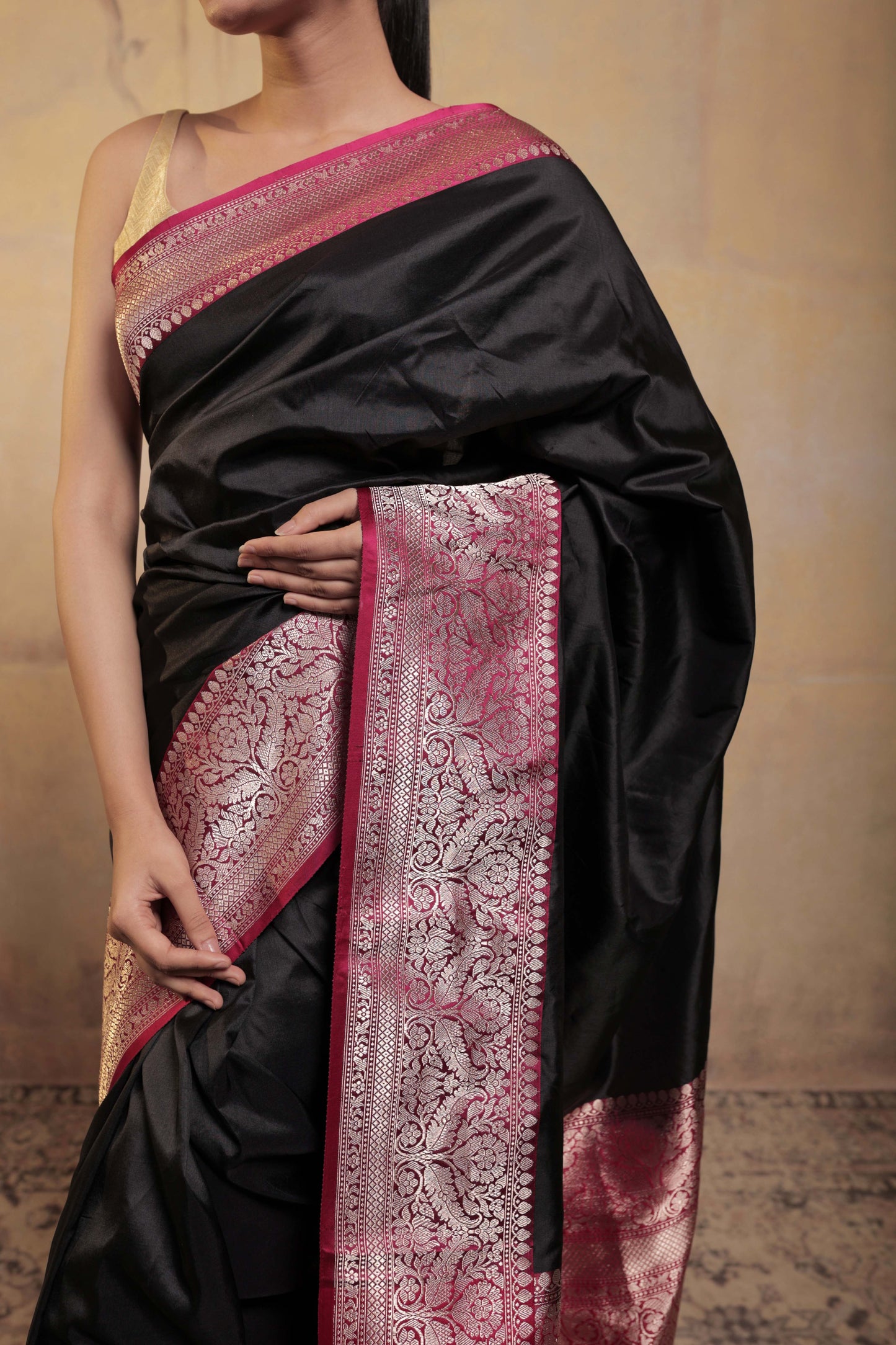 Black Pure Katan Silk Handloom Banarasi Saree with Pink Border