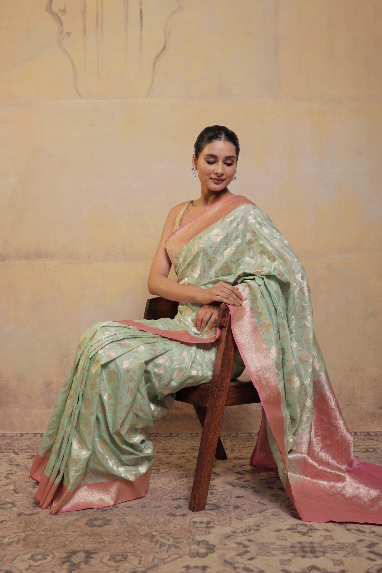 Light Green Katan Silk Handloom Banarasi Saree with Pink Border