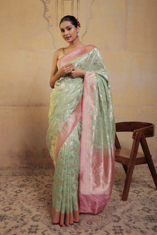 Light Green Katan Silk Handloom Banarasi Saree with Pink Border