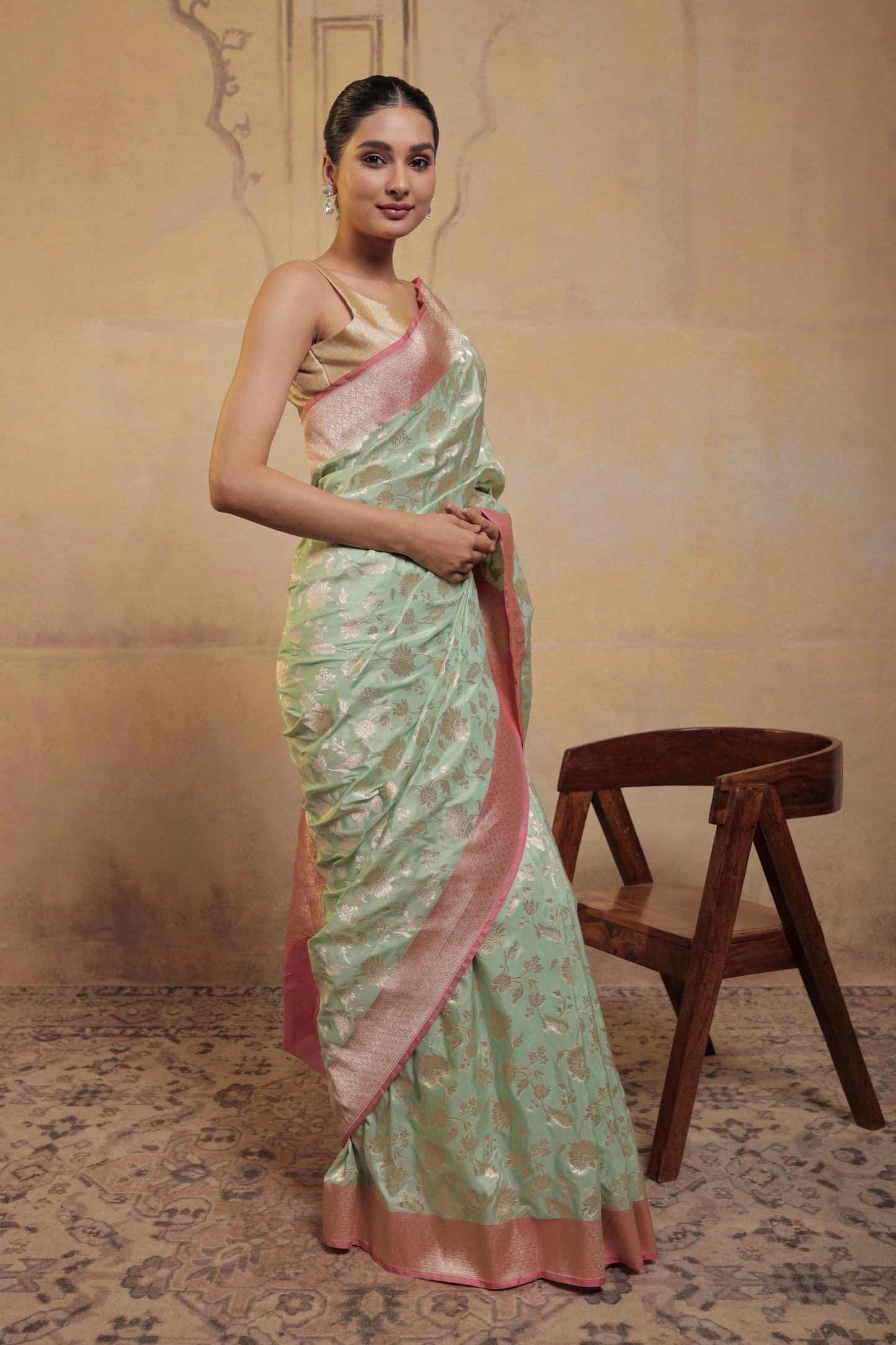 Light Green Katan Silk Handloom Banarasi Saree with Pink Border