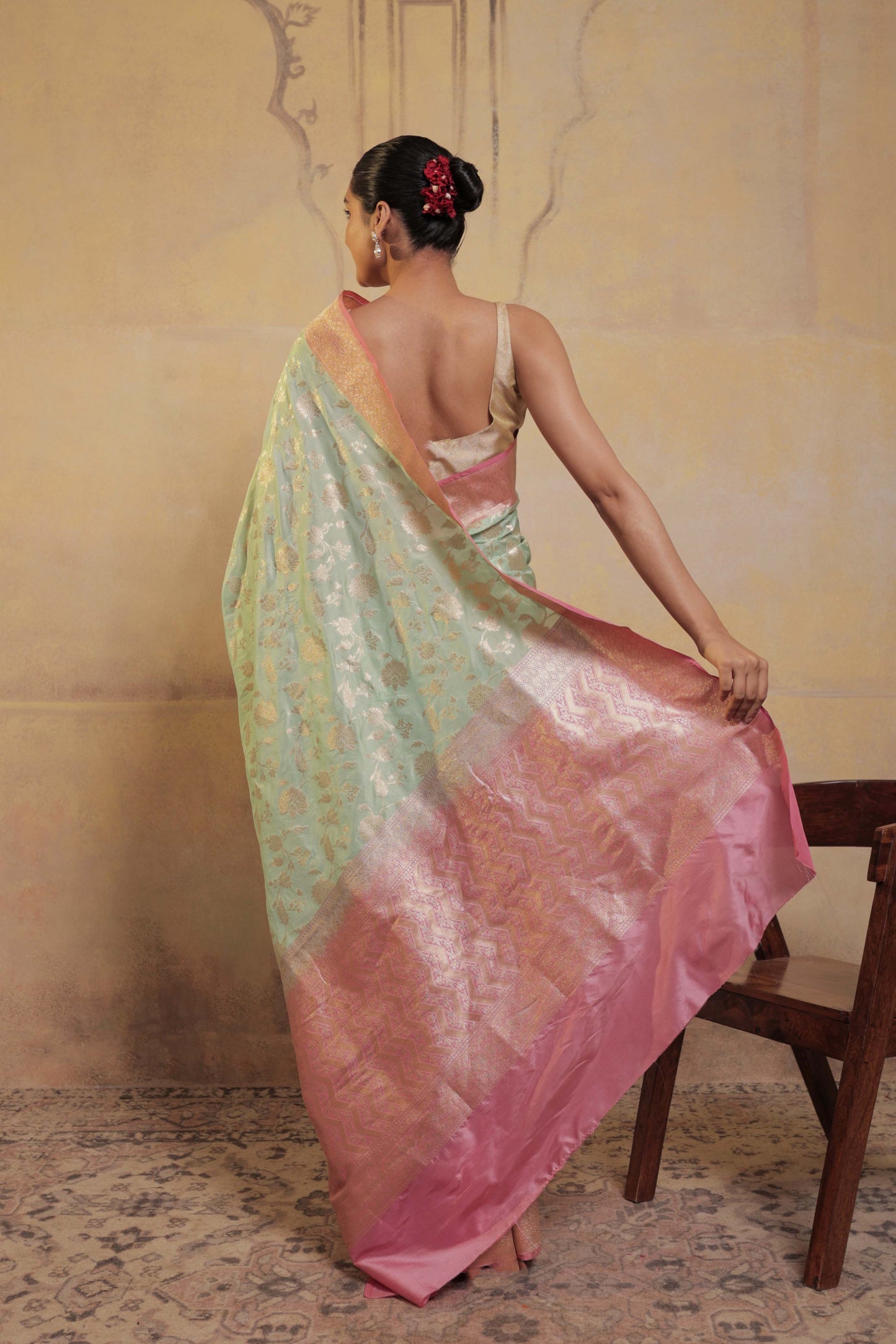 Light Green Katan Silk Handloom Banarasi Saree with Pink Border