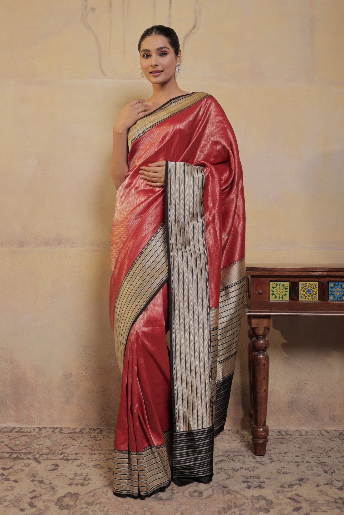 Red and Black Katan Silk Handloom Banarasi Saree