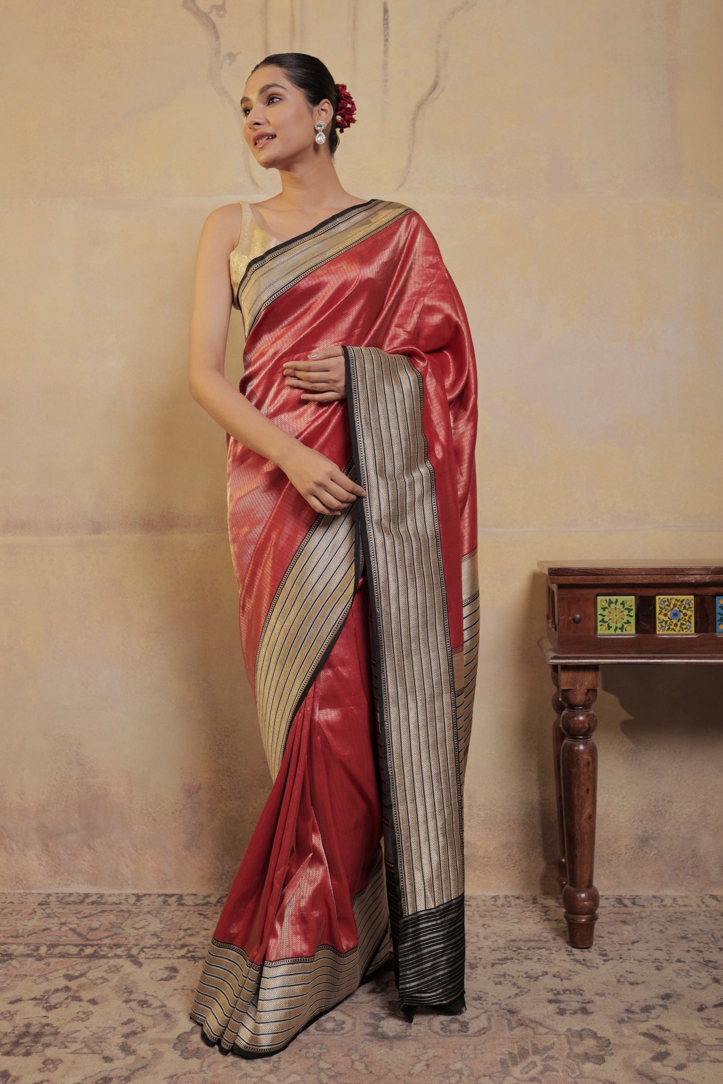 Red and Black Katan Silk Handloom Banarasi Saree